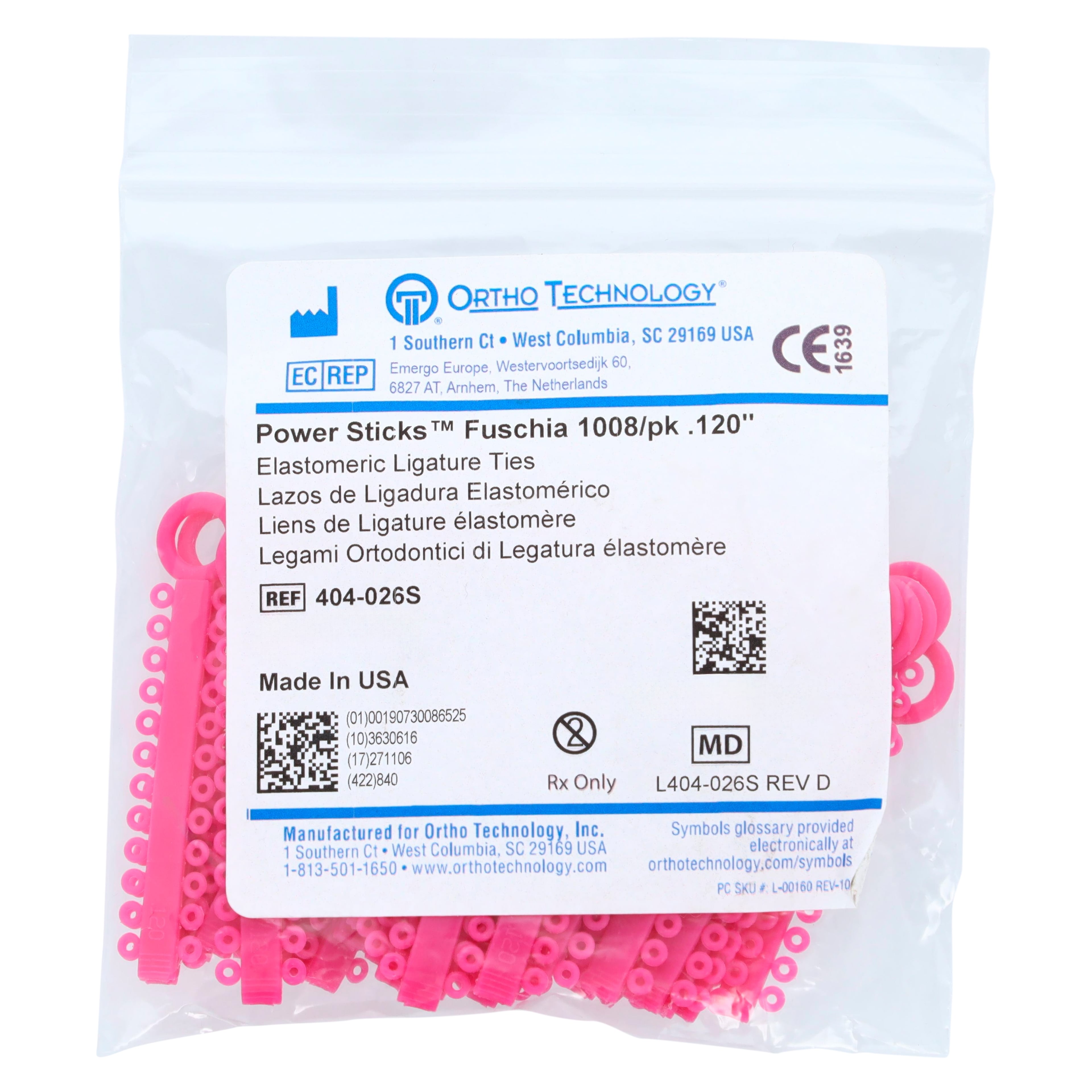 Ortho Technology Power Sticks Elastomeric Ligatures, 0.120", Latex-Free, Fuchsia, 1008/Box, 404-026S