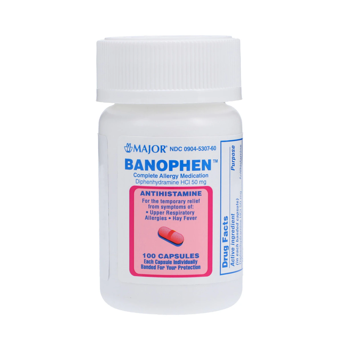 Diphenhydramine HCl Capsules, 50mg, 100/Bottle