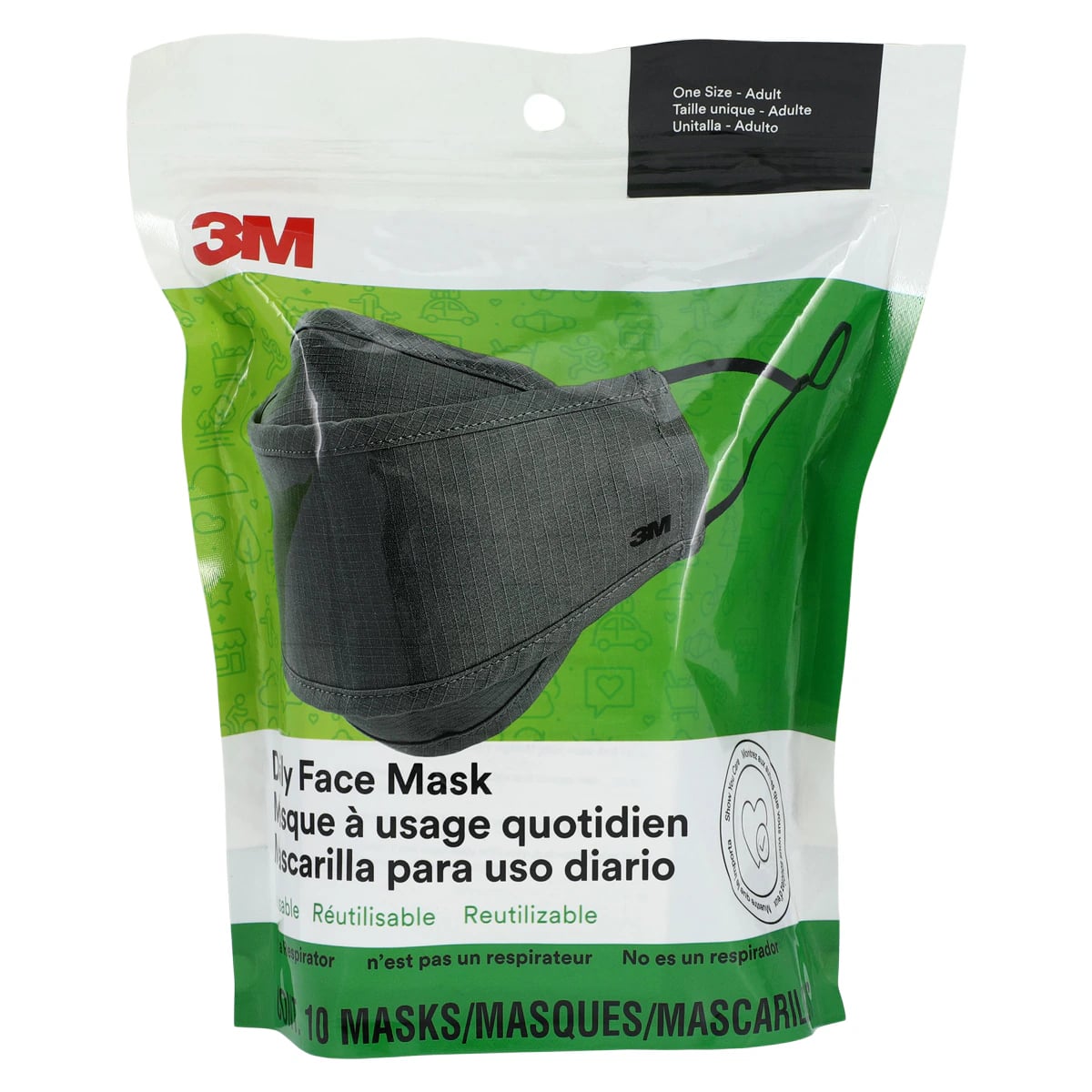 3M Reusable Face Mask, Adult, Gray, 10/Pack