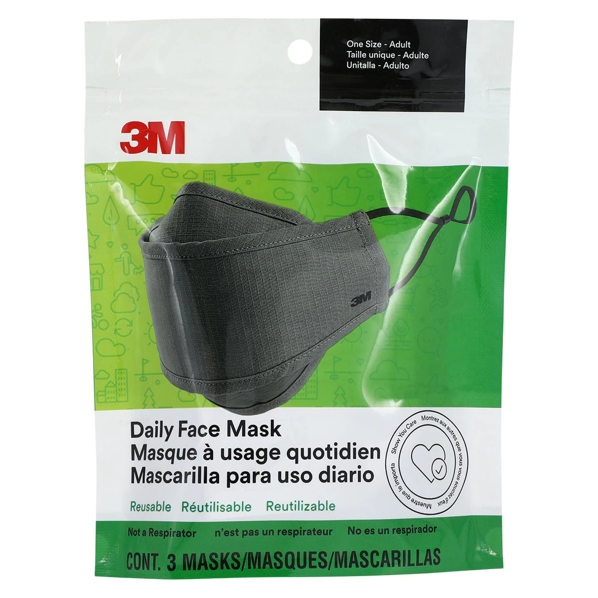 3M Everyday Face Mask, Reusable, Adult, Gray, 3/Pack