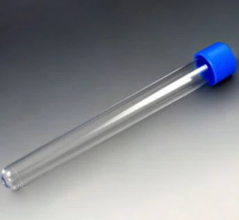 Globe Scientific Polystyrene Test Tube with Attached Blue Screw Cap, 16x150mm, 20mL, Non-Sterile, 500/Case