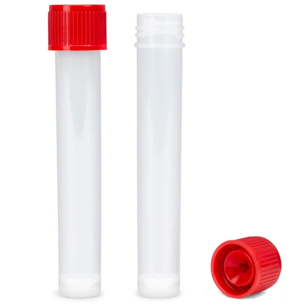Globe Scientific Polypropylene Transport Tube, 10mL, Red Screw Cap with Hole for Swab, Sterile, Self-Standing, 16x101mm, 1000/Case