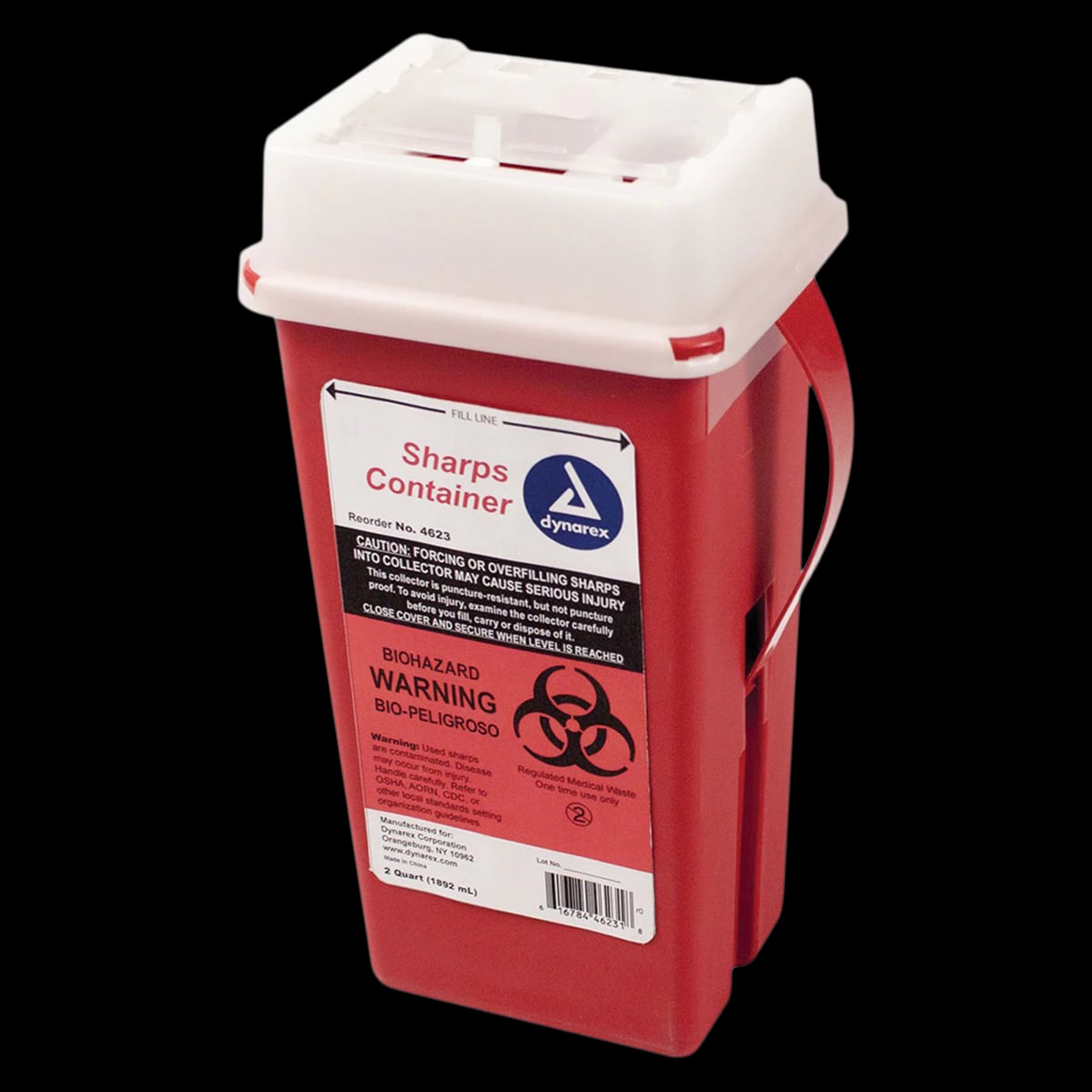 Dynarex Sharps Container, 2 qt, Red, Slide Lid, 10" x 4" x 4", Plastic, #4623