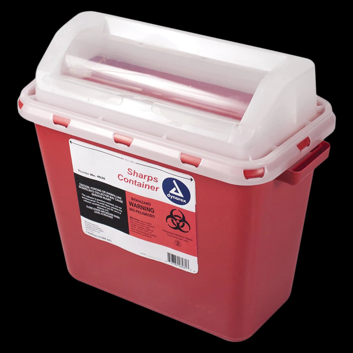 Dynarex Sharps Container, 3 Gallon, Red, Mailbox Style Lid, 15x7.3x14.2", Plastic, #4628