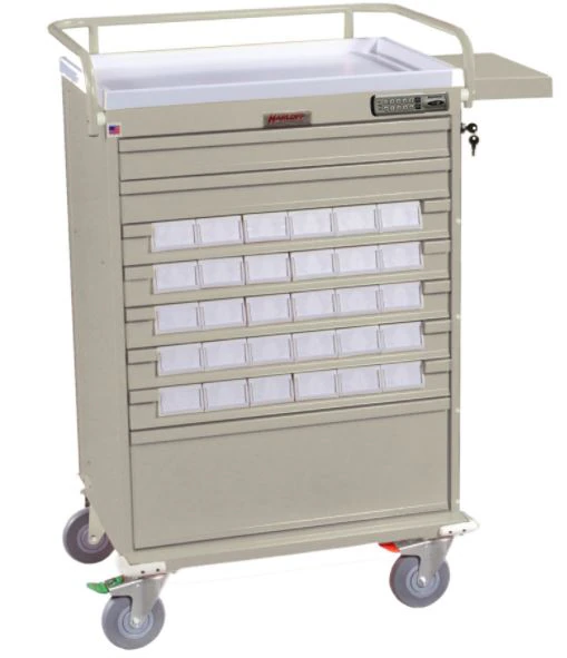 Harloff Value Line Medication Cart with Key Lock, 17x30x46", 30 Bins, 4 Swivel Casters with 1 Brake