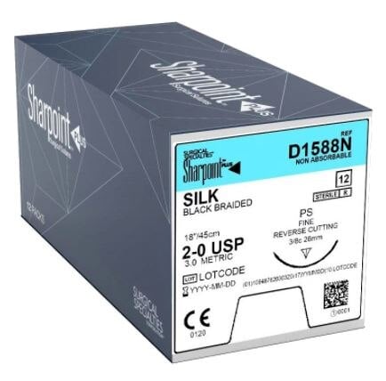 Sharpoint Plus Suture Silk Braid 2-0, 1x18", Non-Absorbable, PS Fine Reverse Cutting, 3/8 Circle Needle, 26mm, Coated Black, 12/Box