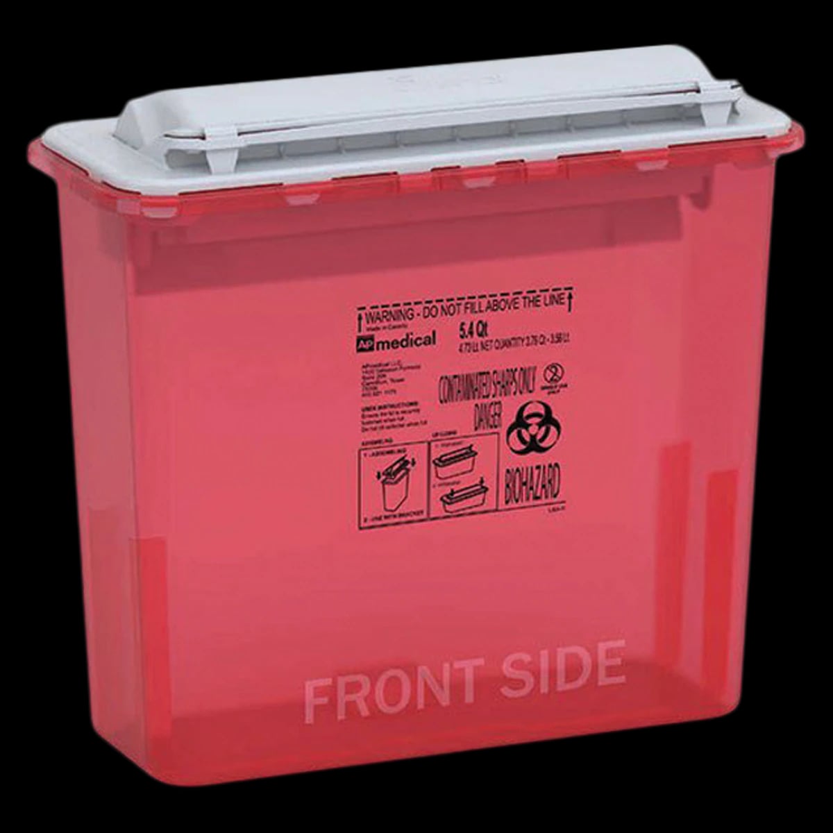 Sharps Container, 5.4 Qt, Red, 12x12x9", Counterbalanced Lid, Plastic, Non-Sterile, Disposable, Each