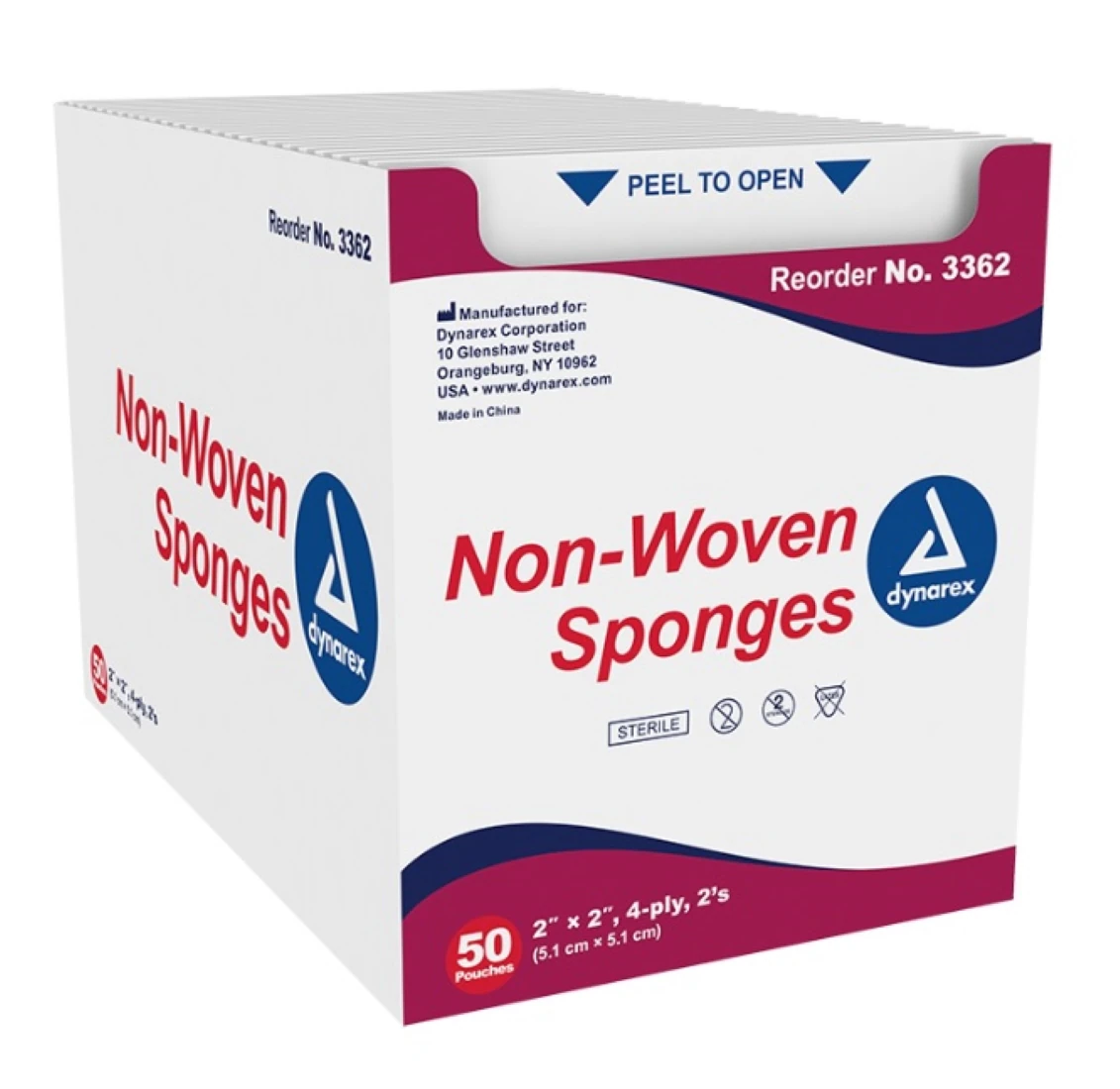 Dynarex Non-Woven Sponge, Sterile, 2" x 2", 4 Ply, 1500/Case, #3362