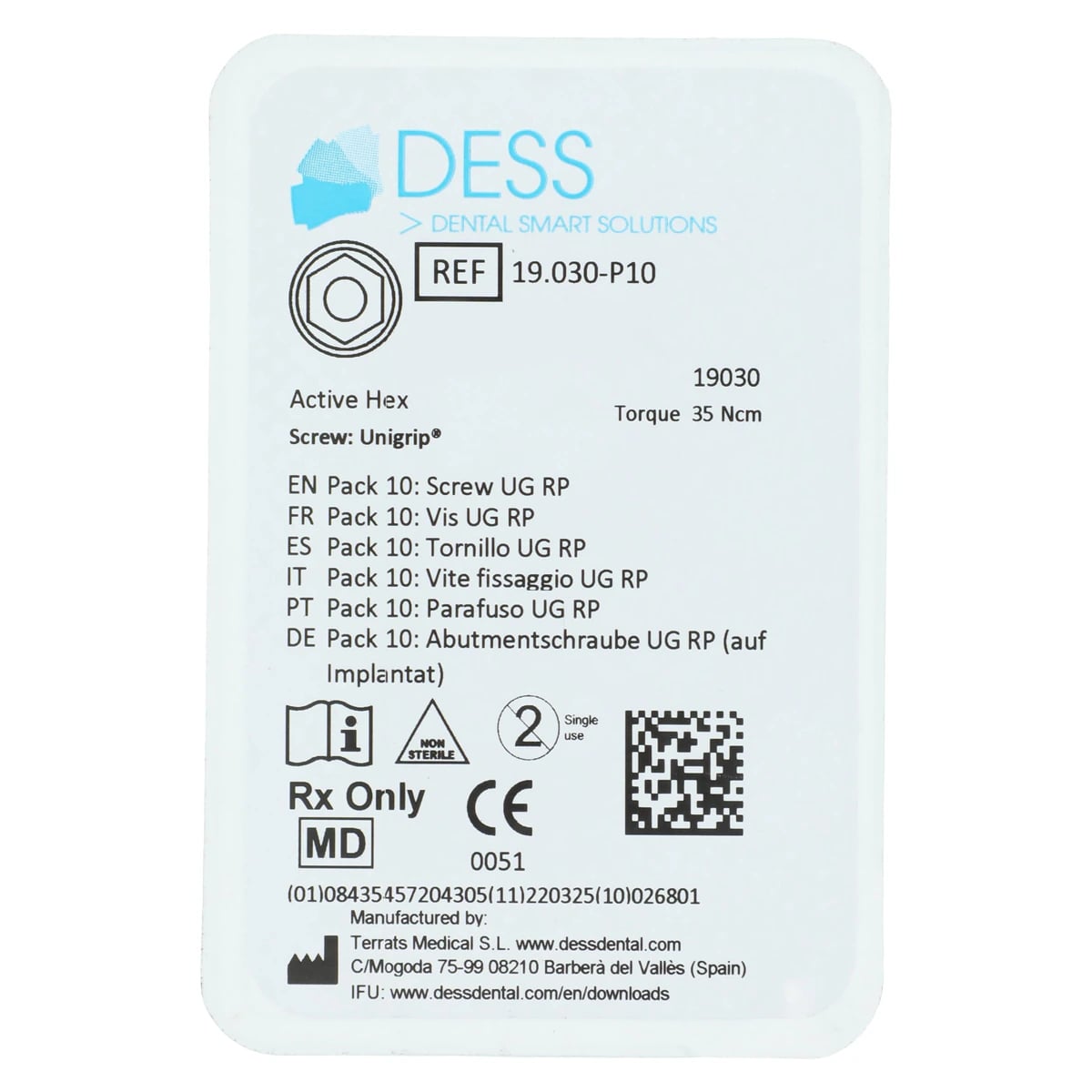 DESS Screw UG RP/WP Hex Active, Final Screw for Nobel Unigrip/Star Driver, 10/Pack