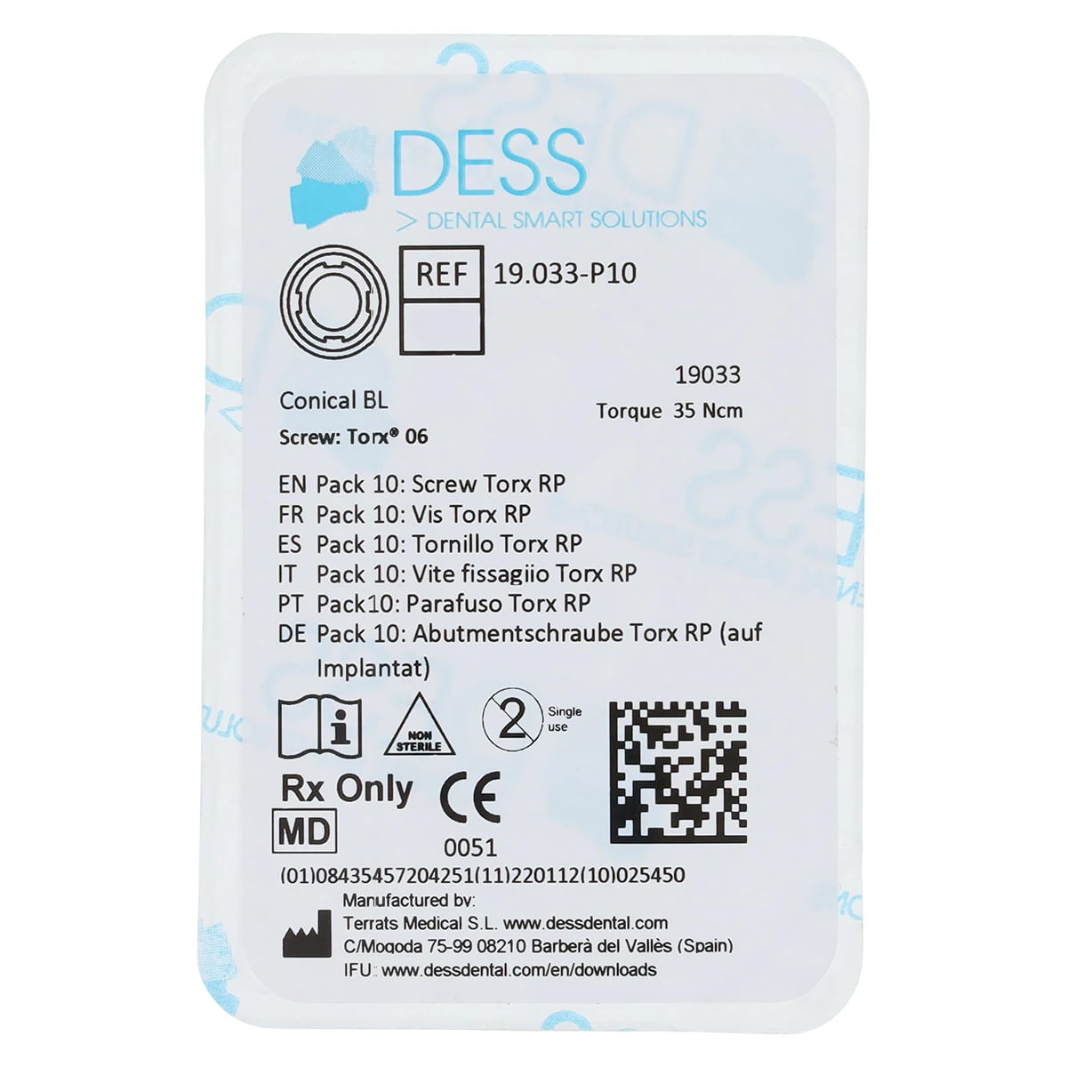 Dess RC Conical Torx Final Screw for Straumann Bone Level, 4.1/4.8mm Platform, 10/Pack