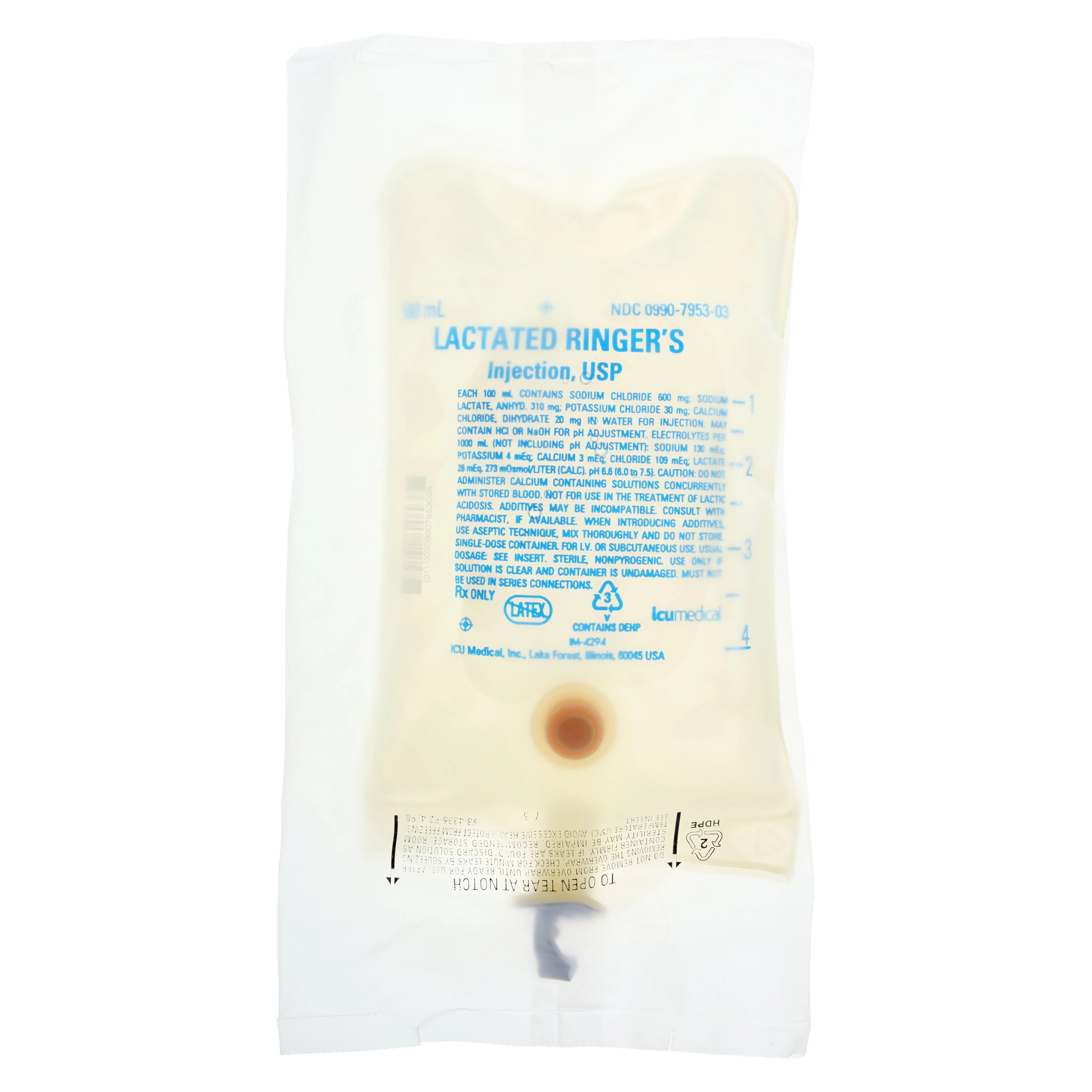ICU Medical Lactated Ringer's Injection, USP, 500mL Flexible Plastic Bag, Sterile, Single Dose