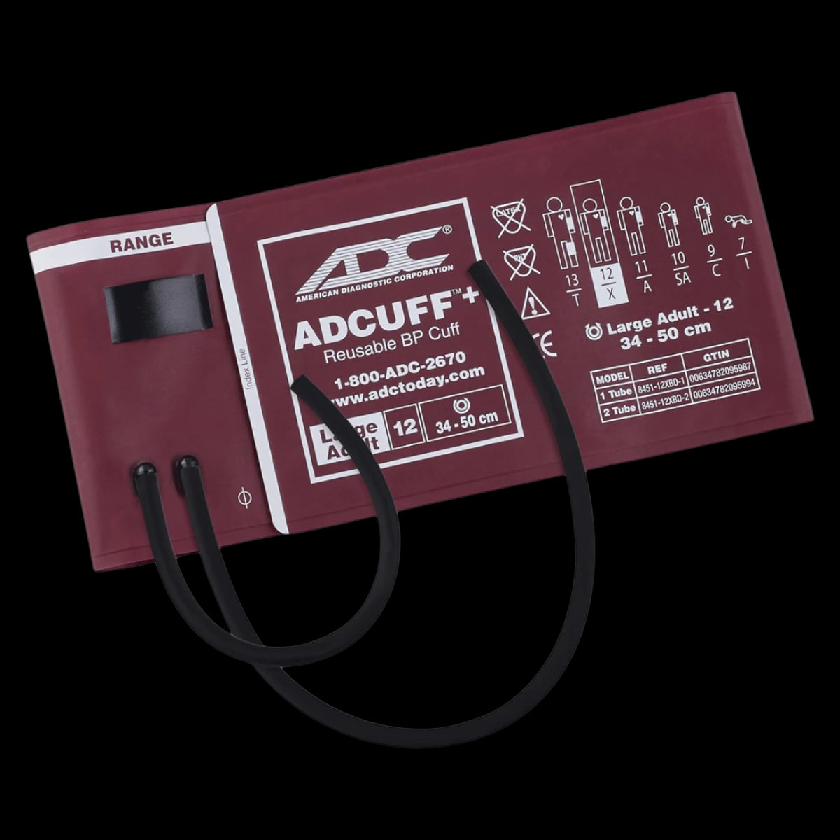ADC Adcuff+ 1-Piece Blood Pressure Cuff, Large Adult, 2-Tube, Burgundy, Latex-Free