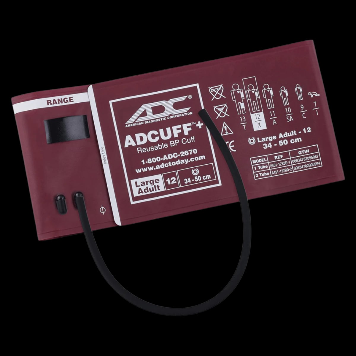 ADC Adcuff+ Blood Pressure Cuff, Large Adult, Single Tube, Burgundy, Latex-Free, 1 Each