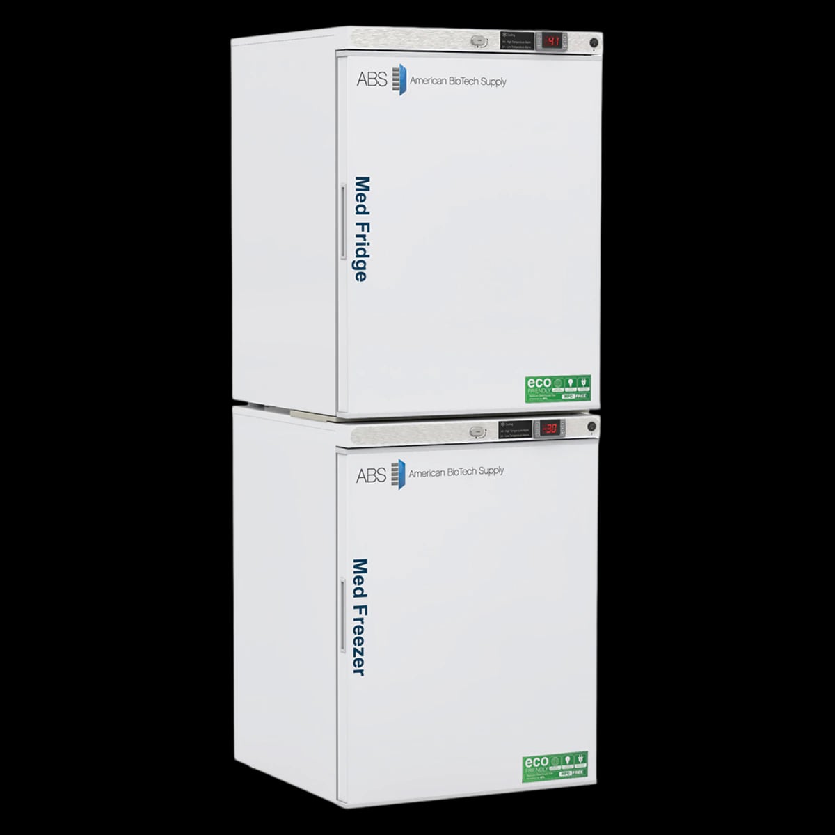 American Biotech Supply Pharmaceutical Refrigerator/Freezer Combo, 10 Cu Ft, 2 Solid Doors, Right Hinge, 1 to 10°C/-15 to -25°C, Manual Defrost Freezer/Cycle Defrost Refrigerator