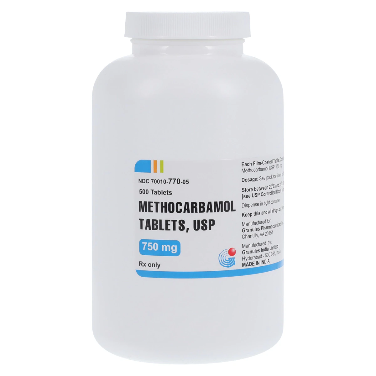Methocarbamol Tablets, 750mg, 500/Bottle, Granules Pharmaceuticals