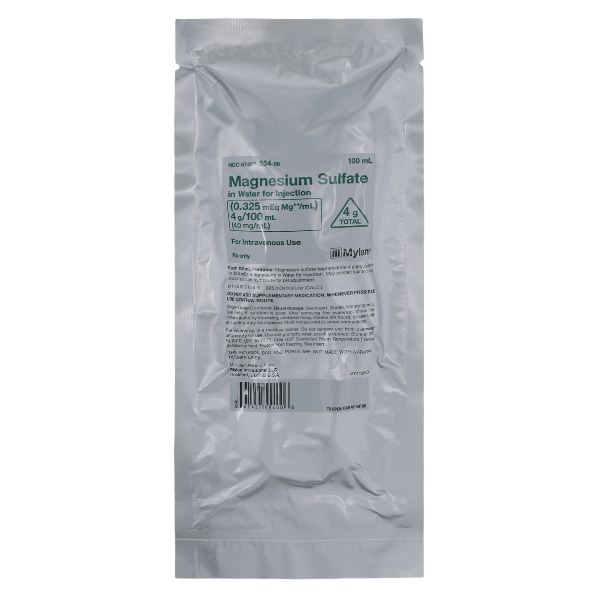 Magnesium Sulfate in Water Injection, 40 mg/mL, 2 g/100 mL IV Bag, 24/Package