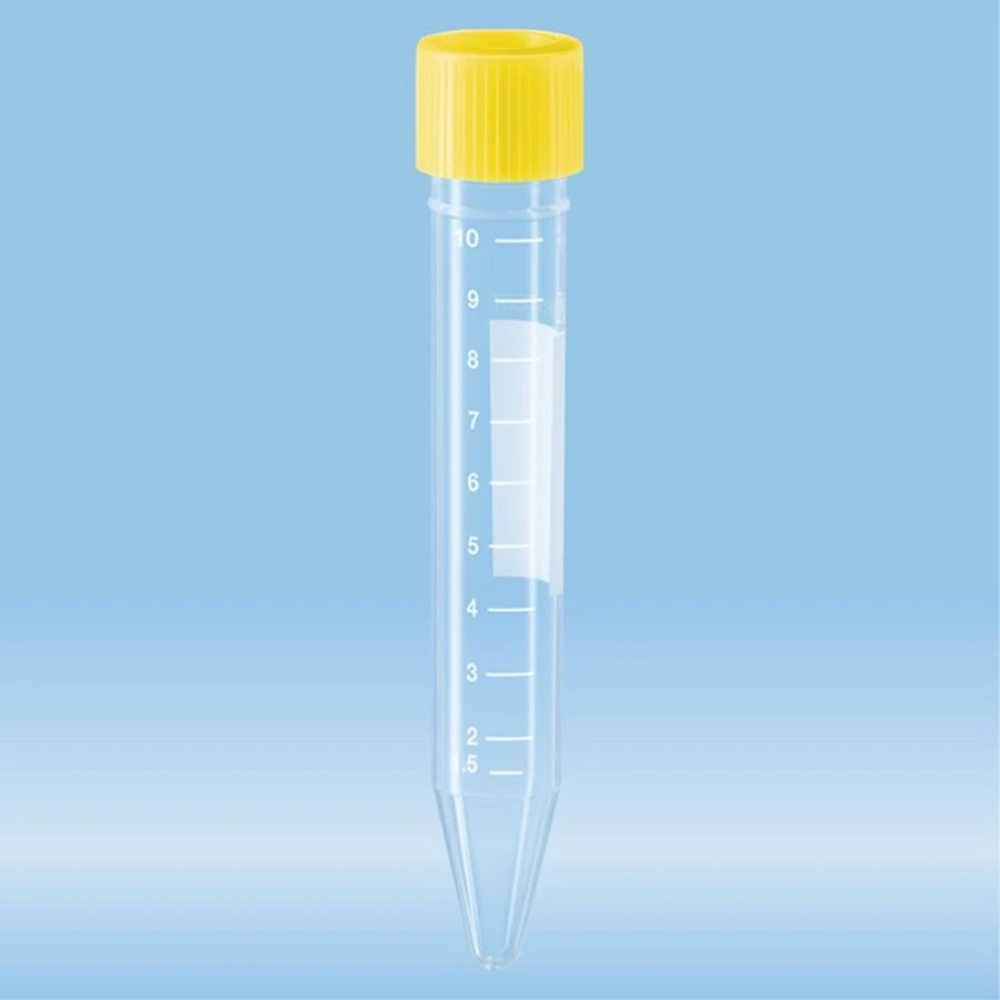 Sarstedt Screwcap Tube, 10mL, 100x16mm, Conical, Sterile, Yellow Cap/Label, 1000/Case
