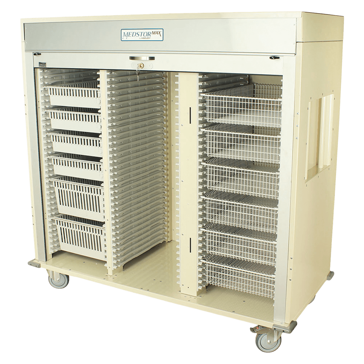 Harloff Storage Cart with Roll-Up Tambour Door, Beige, 27.8"W x 42"D x 60.2"H, (4) 5" Casters, Double Column Key Lock