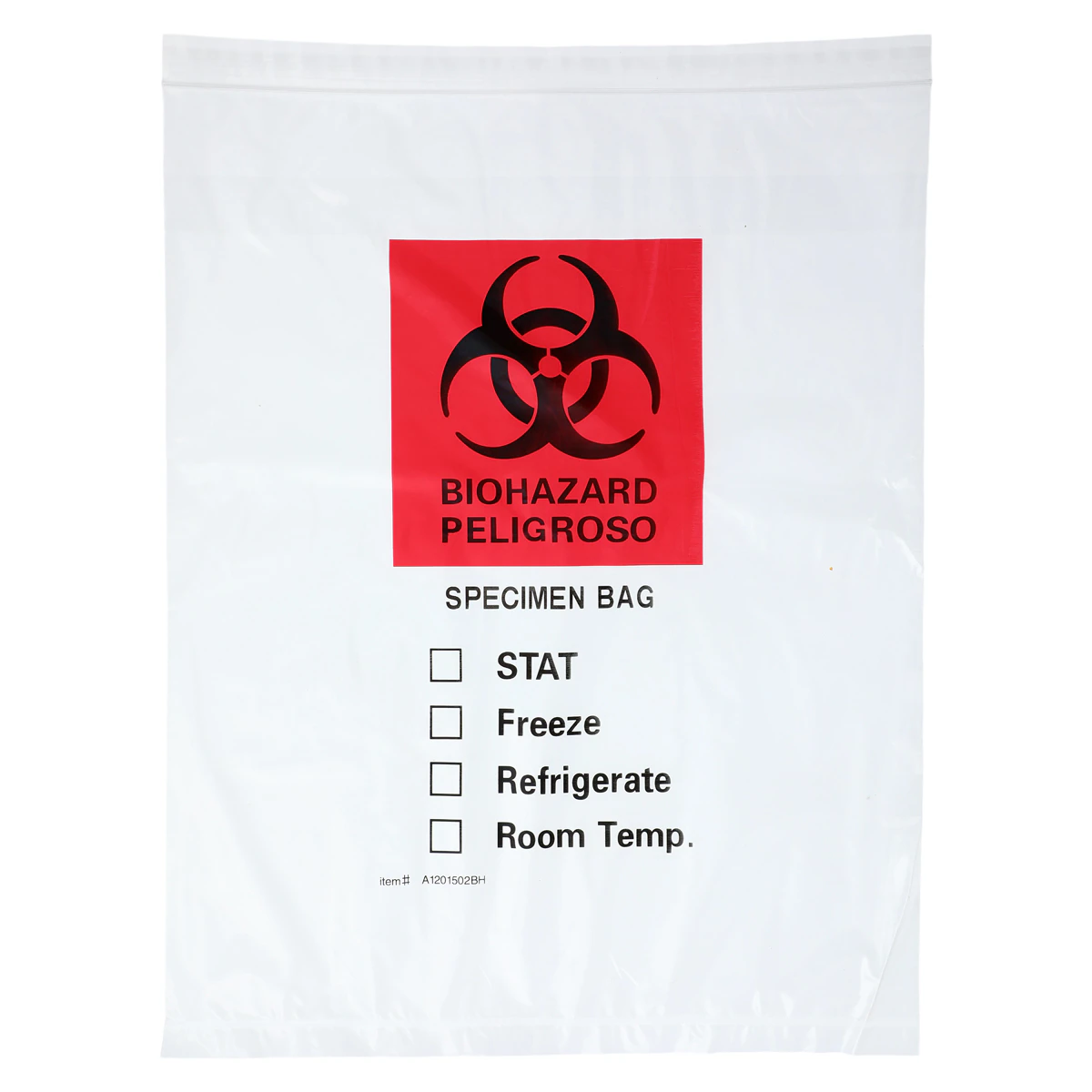 Action Health Specimen Bag, 12" x 15", 2 mil, Clear Zip Closure, Biohazard Red/Black Print, 1000/Case