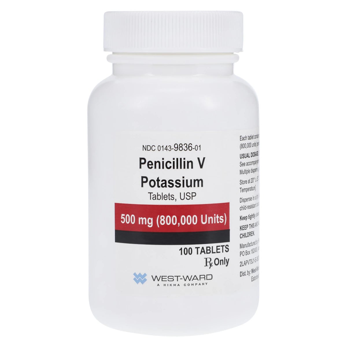 Penicillin V Potassium Tablets, 500 mg, 100/Bottle, NDC 00143-9836-01