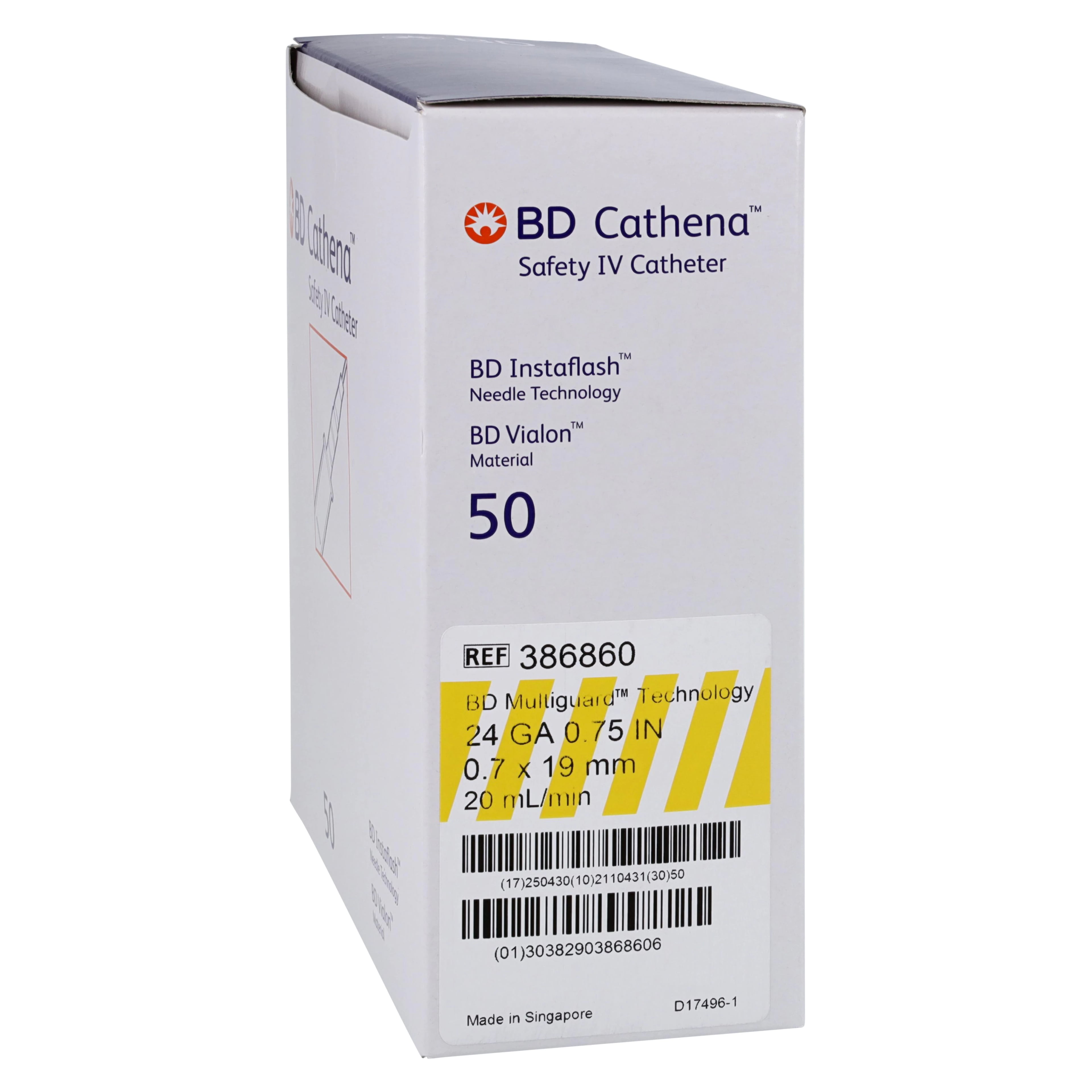 BD Cathena Safety IV Catheter, 24 Gauge, 0.75" (19 mm), Yellow, Shielded, 50/Box