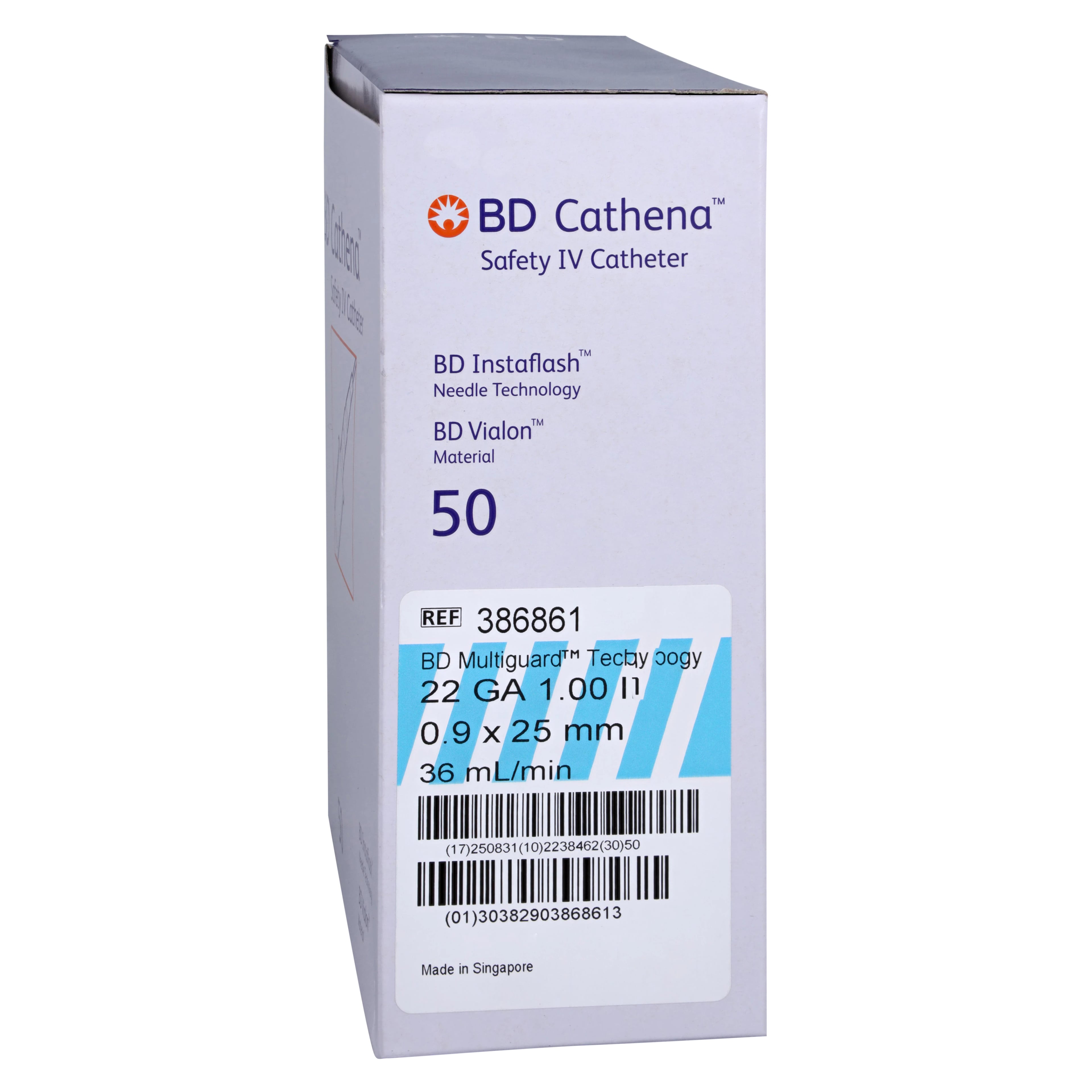BD Cathena Safety IV Catheter, 22 Gauge x 1", Blue, Shielded, 50/Box
