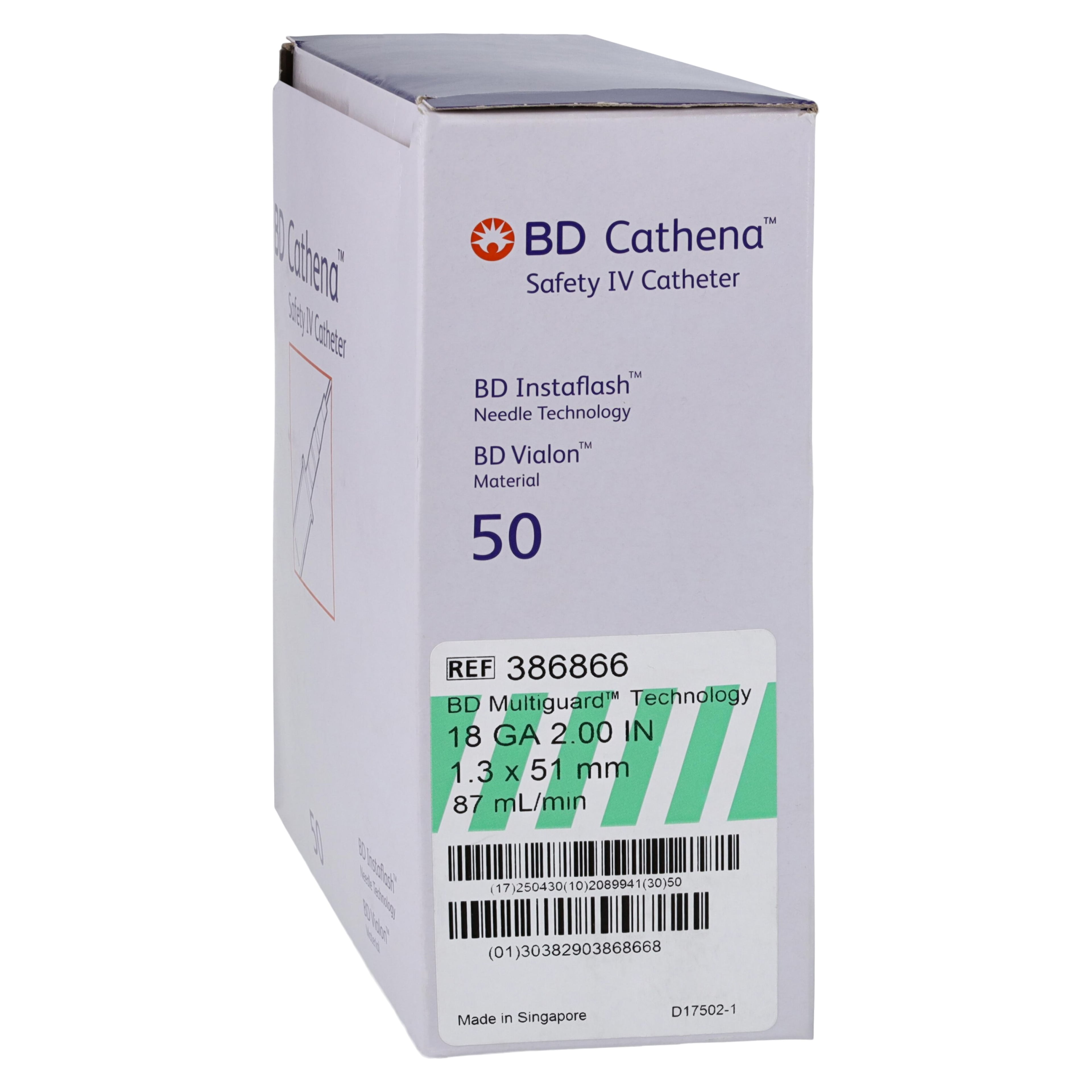 BD Cathena Safety IV Catheter, 18 Gauge, 2" Length, Green, Shielded, 50/Box