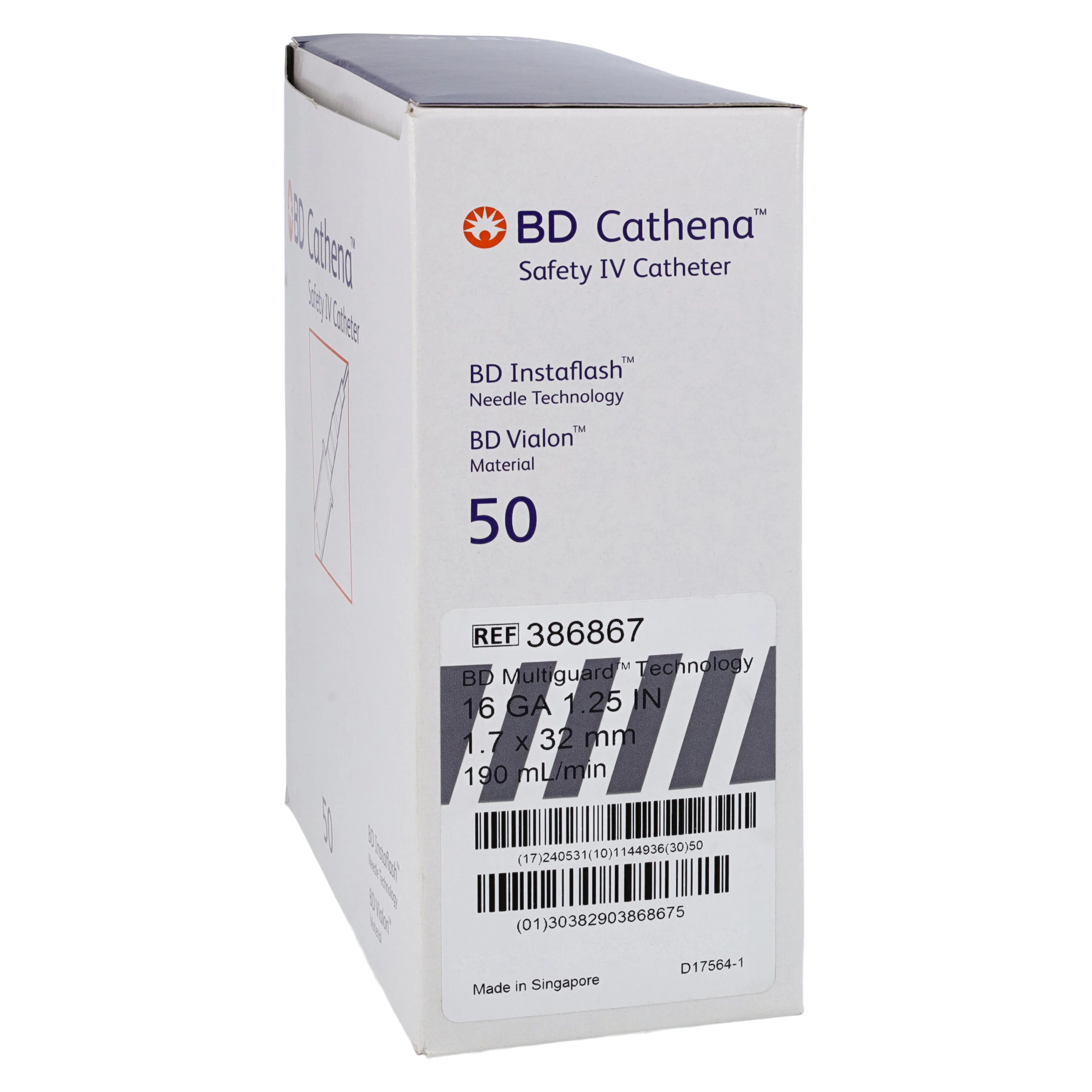 BD Cathena Safety IV Catheter, 16 Gauge, 1.25", Gray, Shielded, 50/Box