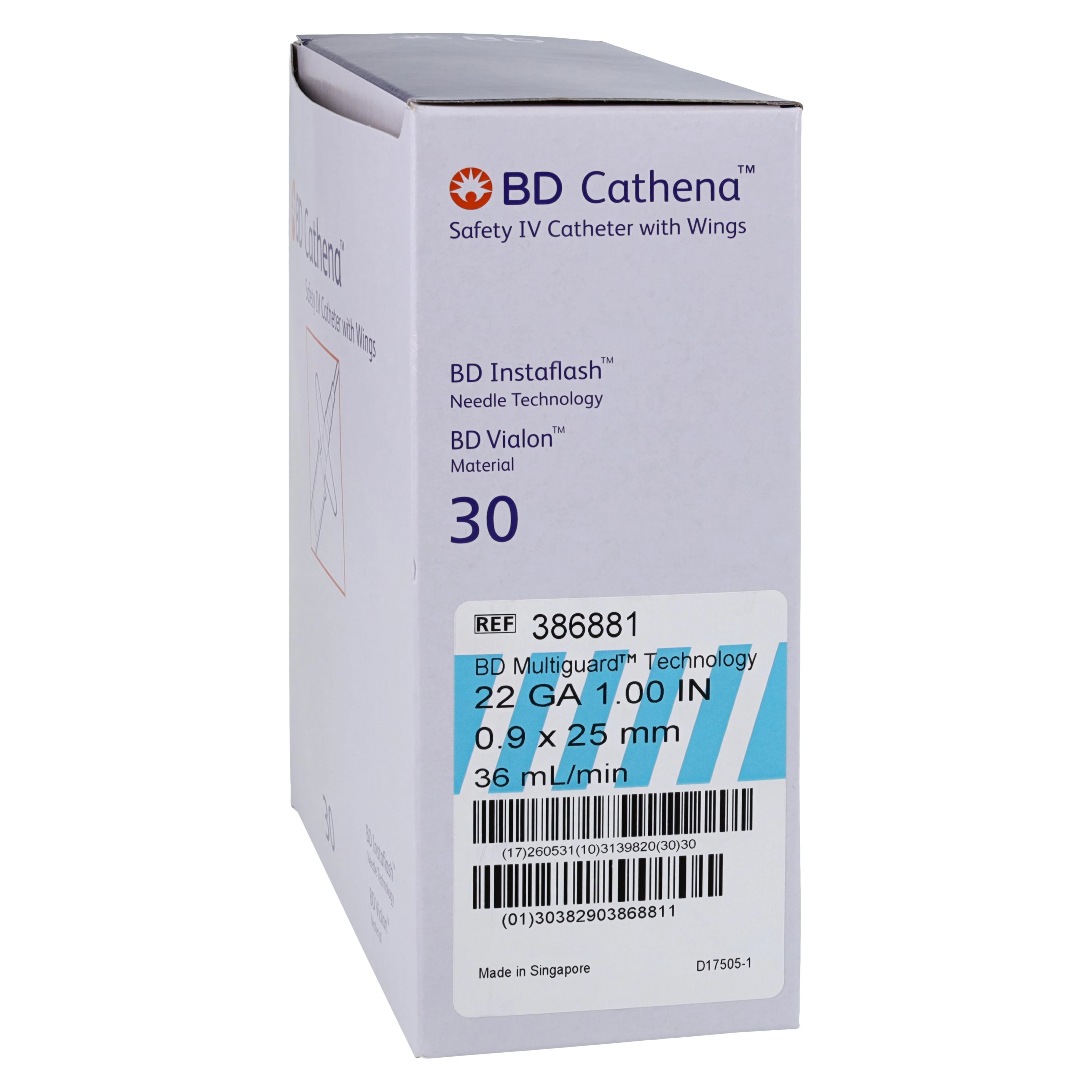 BD Cathena Safety IV Catheter with Wings, 22 Gauge, 1 Inch, Blue, 30/Box