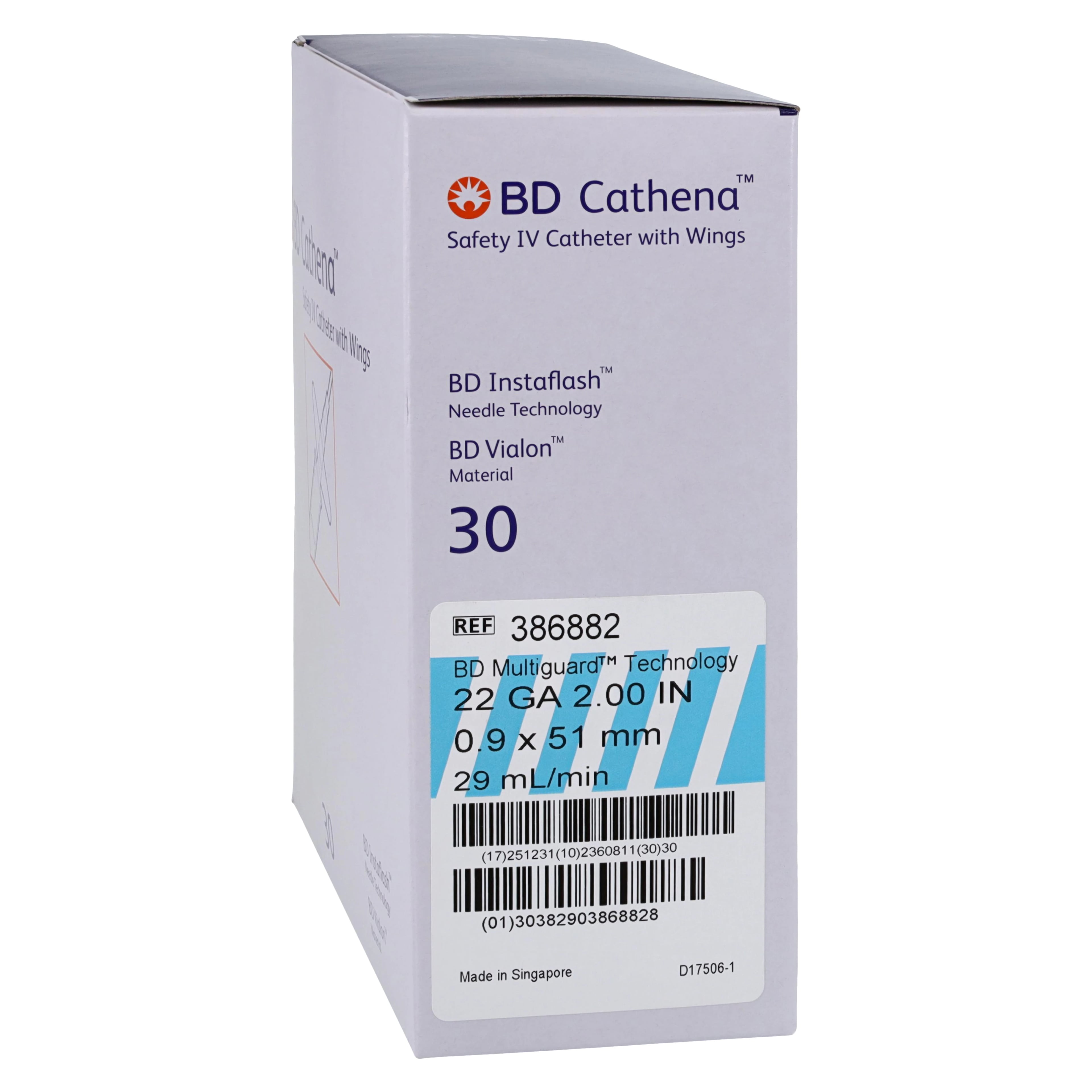 BD Cathena Safety IV Catheter with Wings, 22 Gauge, 2" Length, Blue, 30/Box