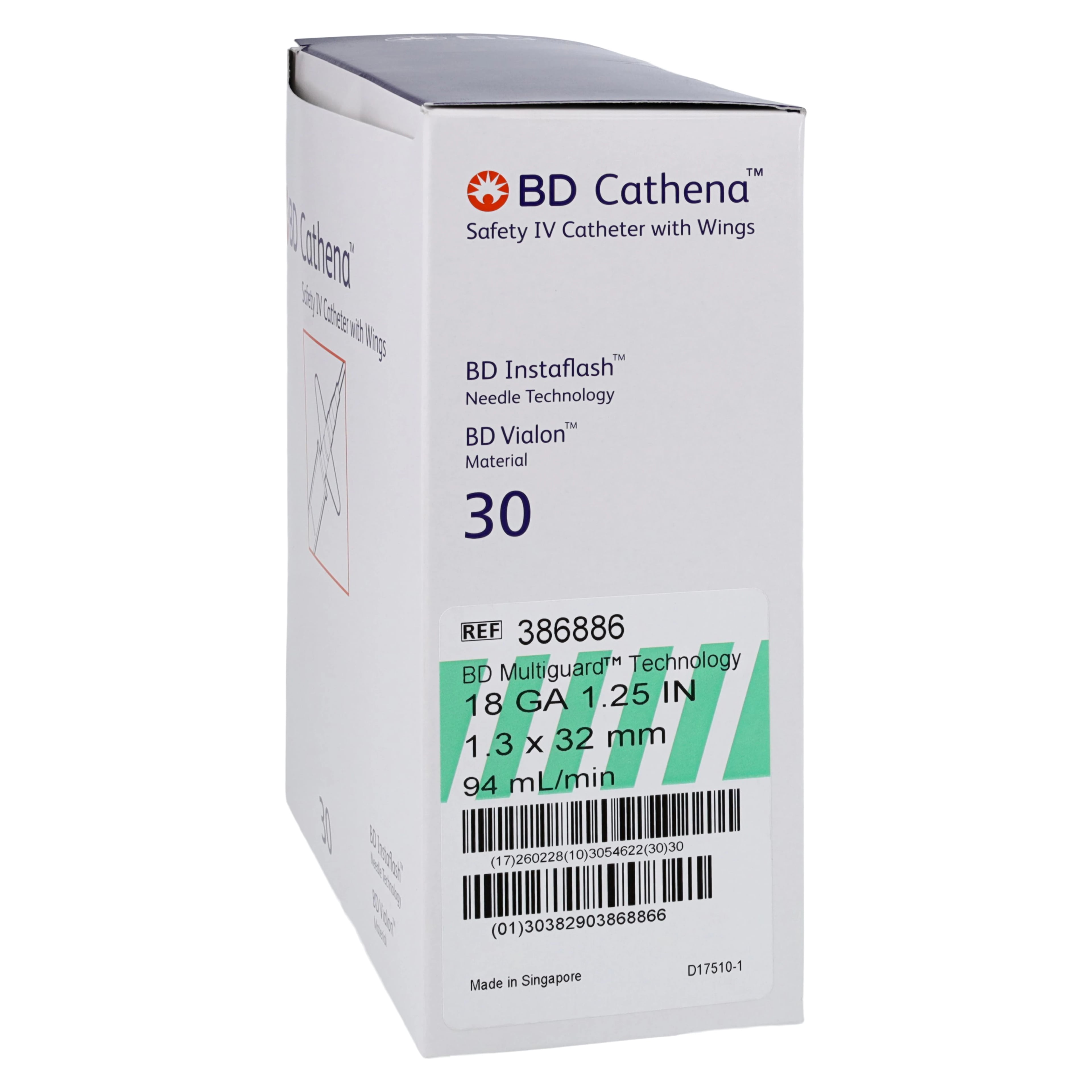 BD Cathena Safety IV Catheter with Wings, 18 Gauge, 1.25", Green, 30/Box