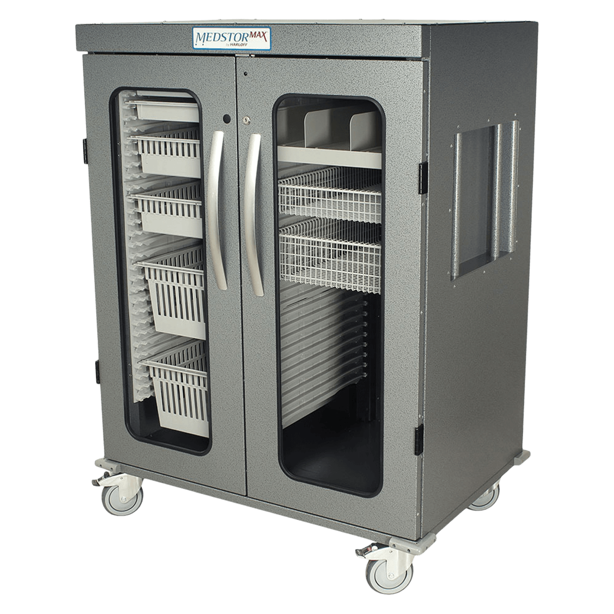 Harloff Storage Cabinet, 3 Quarter Beige, 27.8"W x 42"D x 55.6"H, Glass Door with Key Lock, 5" Tente Casters (2)