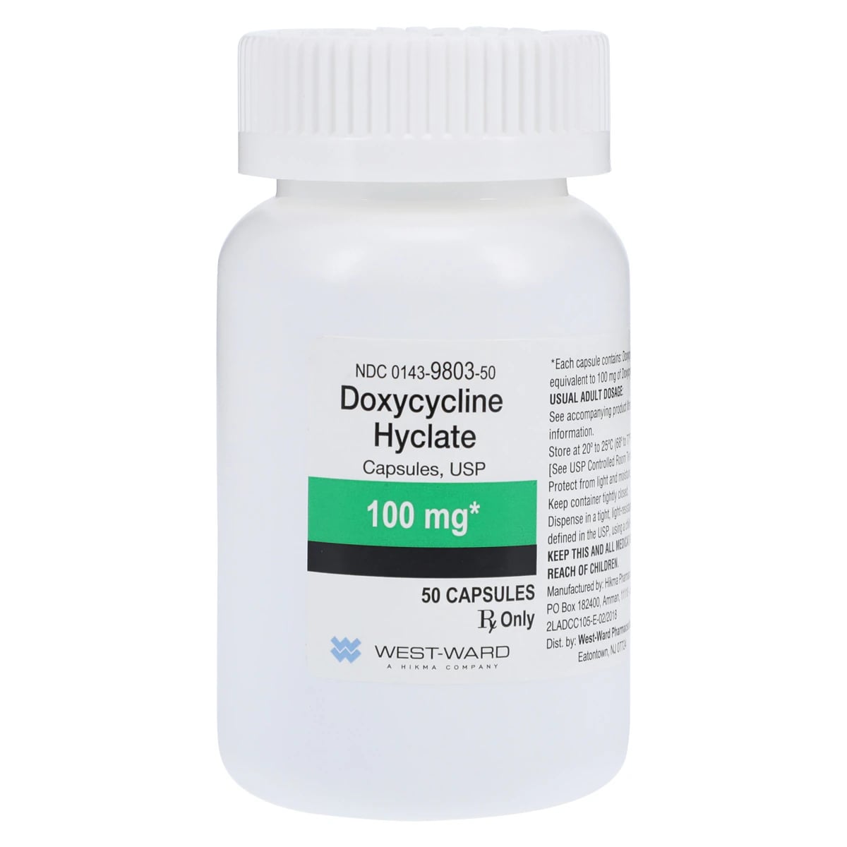 Doxycycline Hyclate Capsules USP, 100 mg, 50/Bottle, NDC 00143-3142-50