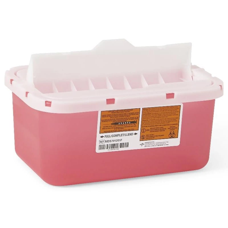 Medline Sharps Container, 1 Gallon, Clear/Red, Flap Lid with Locking Lid, 32/Case