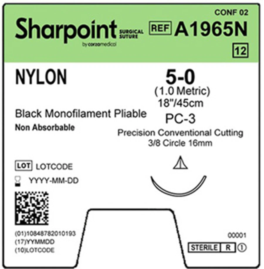Surgical Specialties Pliable Nylon Monofilament Suture, 5-0, 45cm, PC-3 3/8 Circle Needle, Black, 12/Box