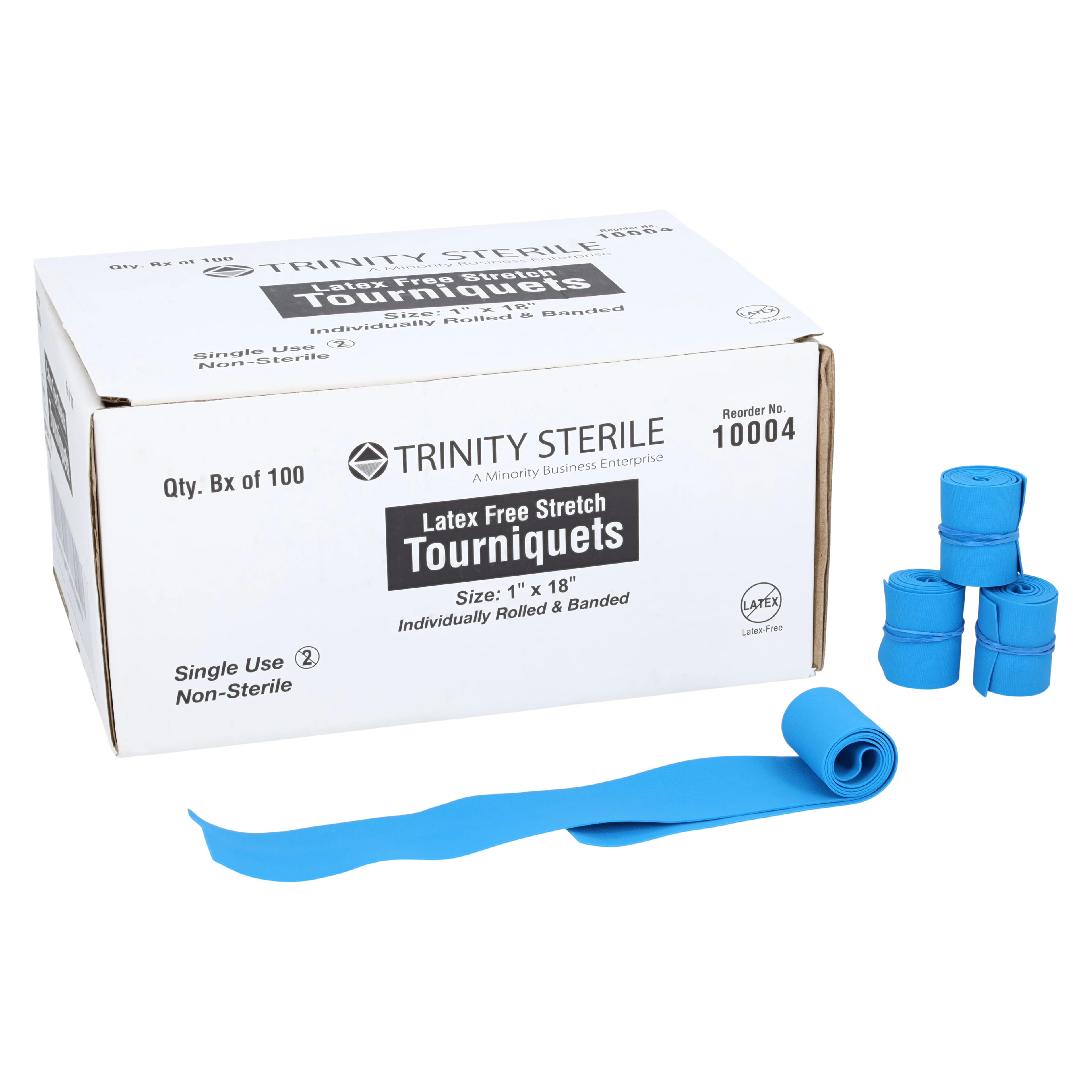Trinity Sterile Inc. Tourniquet, Polyisoprene, 1" x 18", Blue, Rolled/Banded, Latex-Free, Disposable, Non-Sterile, 100/Box