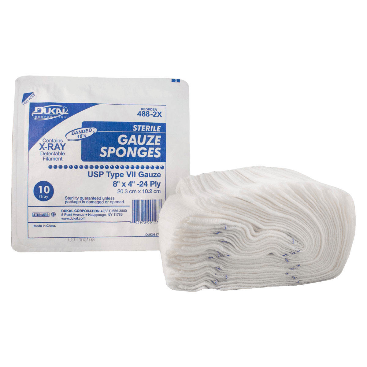 Dukal 100% Woven Cotton Gauze Sponge, Type VII, 8" x 4", 24 Ply, Sterile, X-Ray Detectable, Rectangle