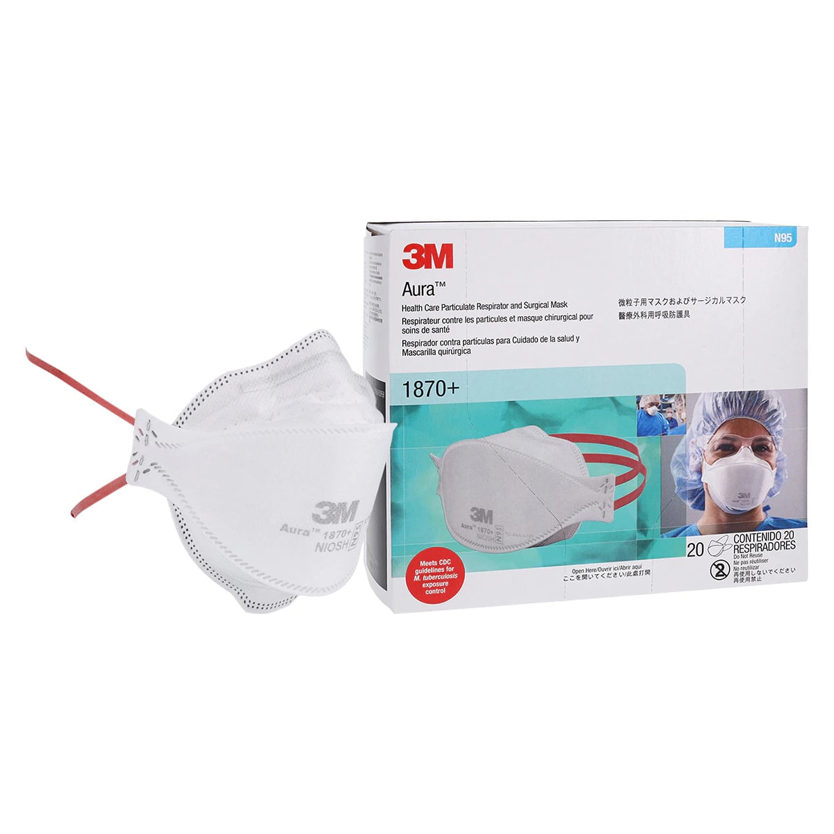 3M Aura 1870+ N95 Health Care Particulate Respirator and Surgical Mask, Flat Fold, White, 20/Box