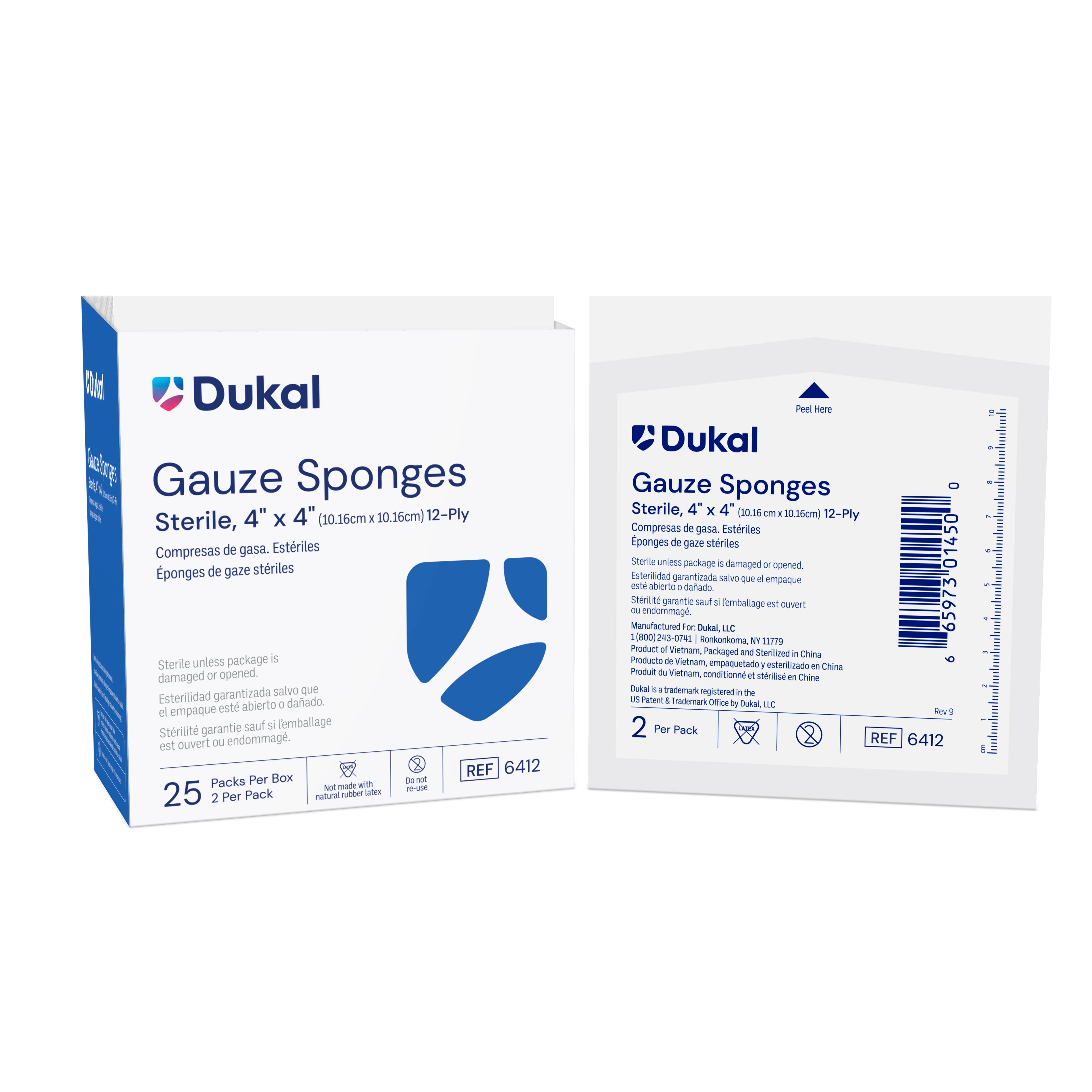 Dukal Woven Cotton Gauze Sponge, 4" x 4", Sterile, 12-Ply, 2/Pk, 25Pk/Bx