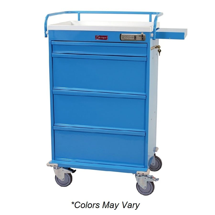 Harloff Value Line Medication Cart, 21.5x21.3x47", 5" Casters, 3 Drawers, Push Button Lock/Key Override, Light Gray