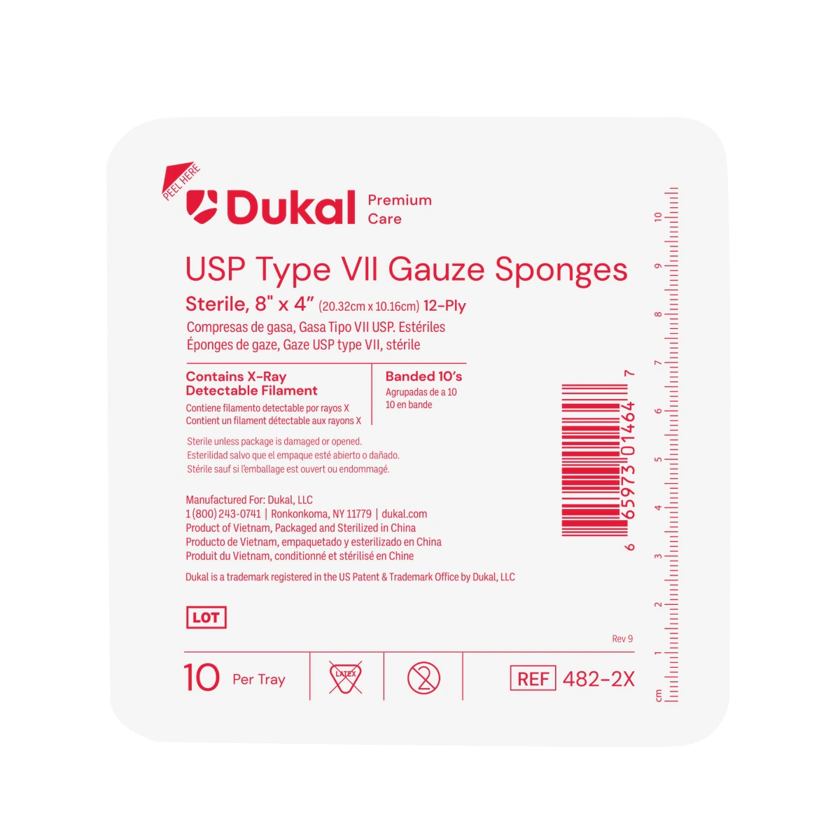 Dukal Gauze Sponge X-Ray Detectable, 12-Ply, Sterile, 8" x 4", 100% Cotton, Type VII
