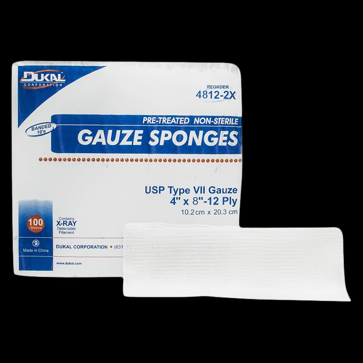 Dukal Gauze Sponge, X-Ray Detectable, 12-Ply, Non-Sterile, 8x4", Cotton Type VII