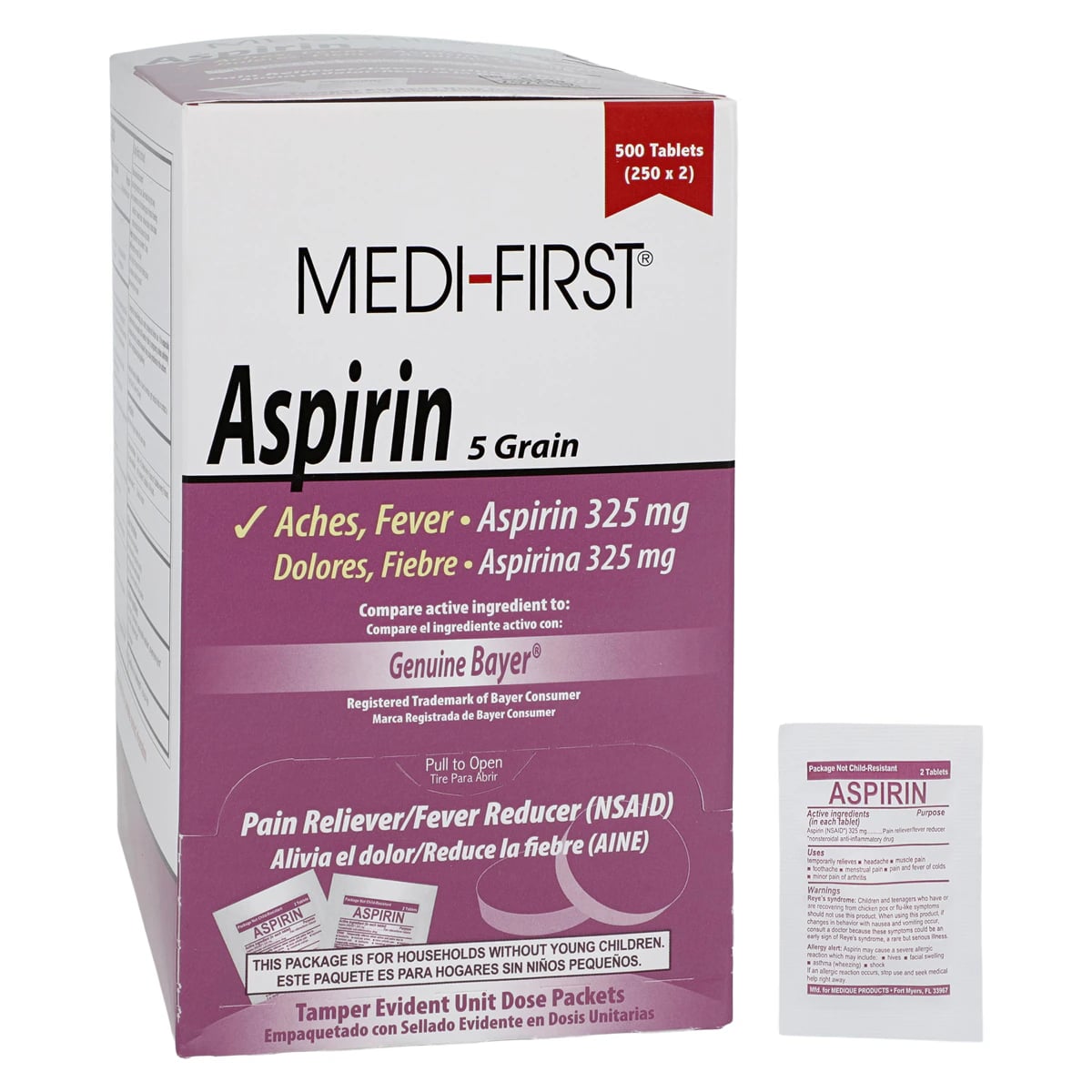 Medique Aspirin Tablets UD, 325mg, Unit Dose, 250 Tablets x 2 Bottles/Box
