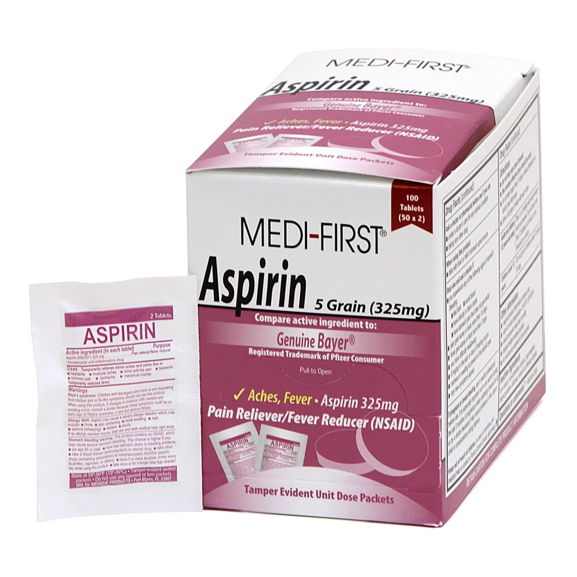 Medique Aspirin Tablets, 325 mg, 100 Tablets (2 x 50), Box