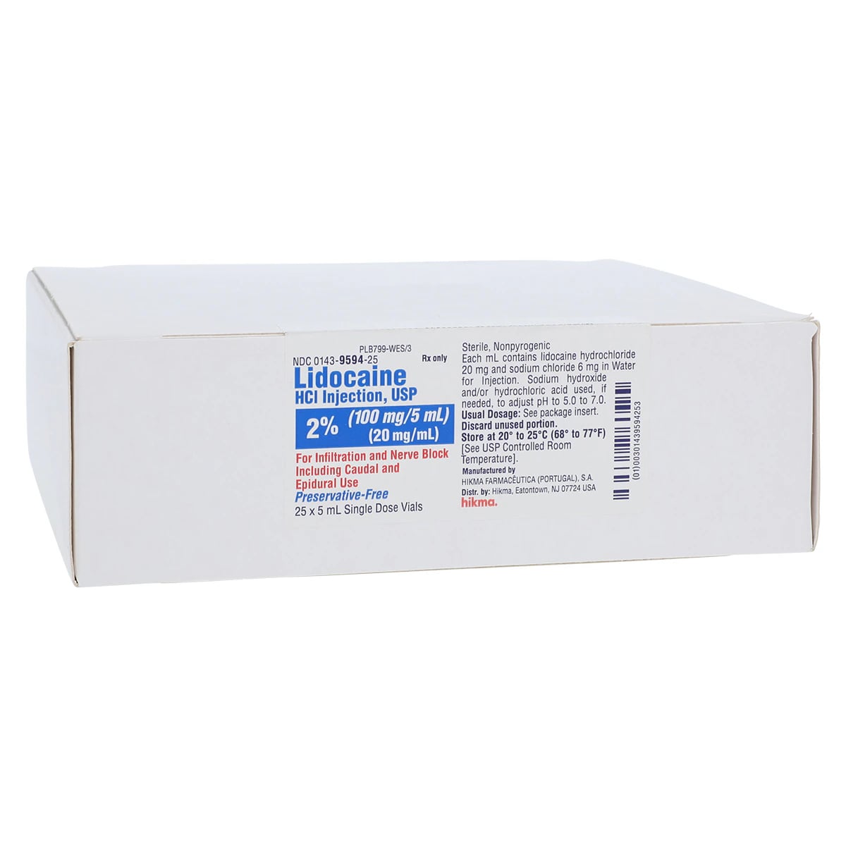 Lidocaine HCl Injection 2% Preservative-Free, Single-Dose Vial, 5 mL, 25/Package