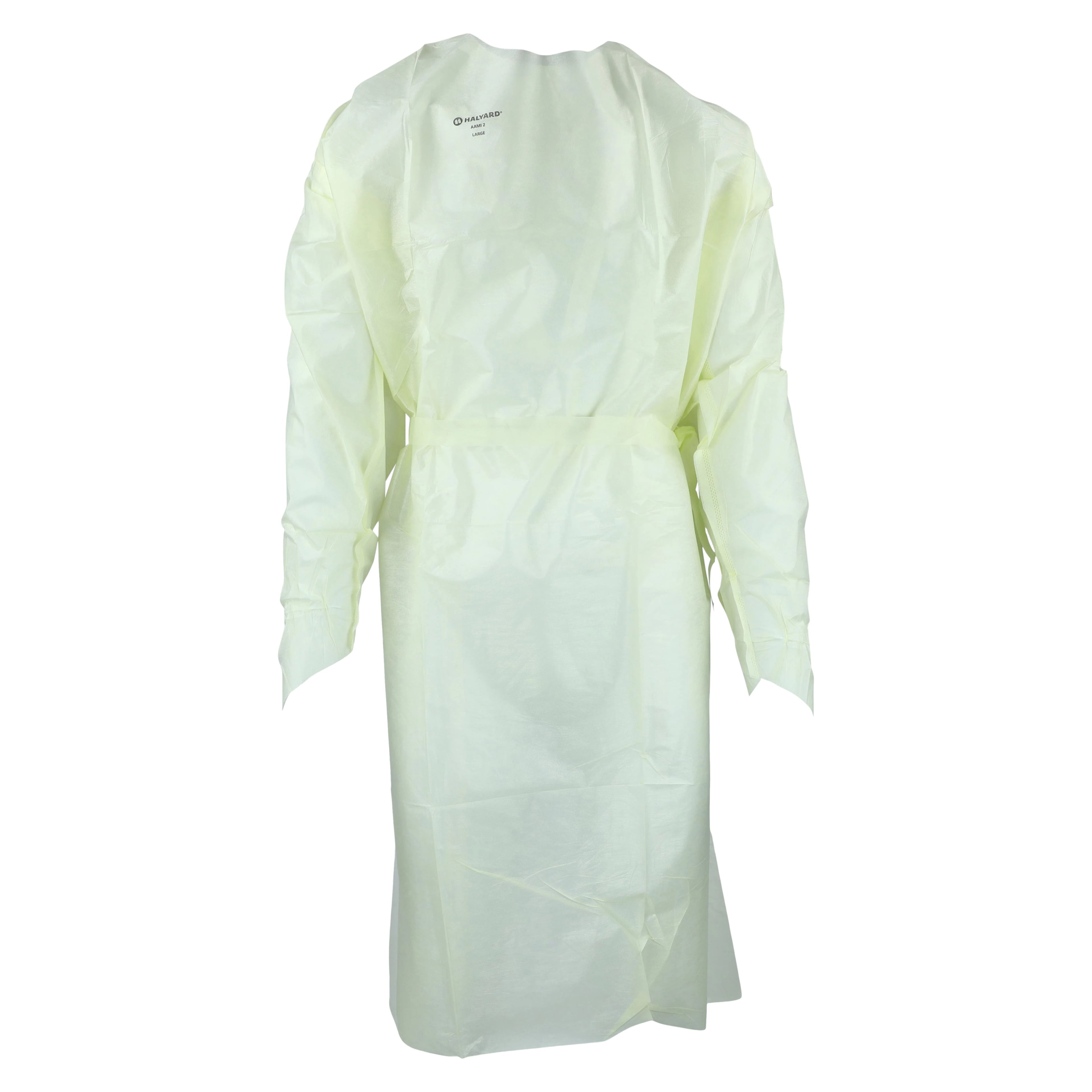 Halyard AAMI Level 2 Isolation Gown, 3-Layer SMS, Large, Yellow, Full Back, Over-the-Head/Waist Ties, Elastic Cuffs with Thumb Hook, 100/Case