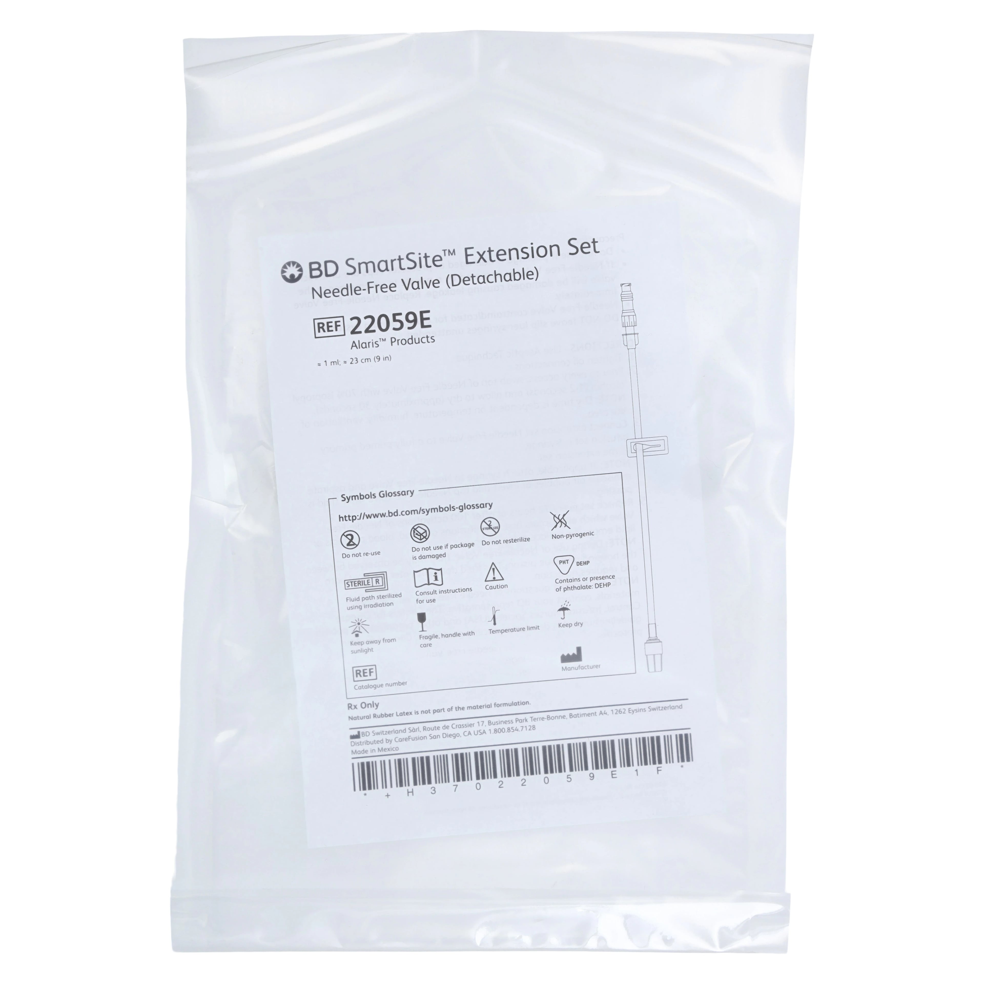 BD SmartSite Needle-Free Connector Extension Set, 9" Spin Male Luer Lock, Priming Volume 1 mL, Each