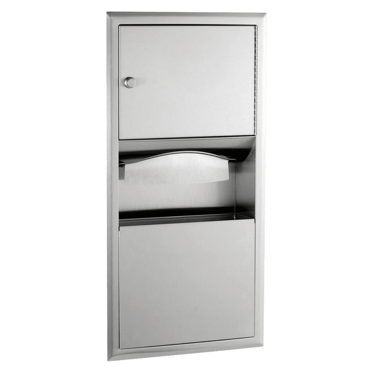 Bobrick Classic Series Paper Towel Dispenser with Waste Receptacle, Satin Finish Stainless Steel, 350 C-Fold/475 Multifold, Knob Latch