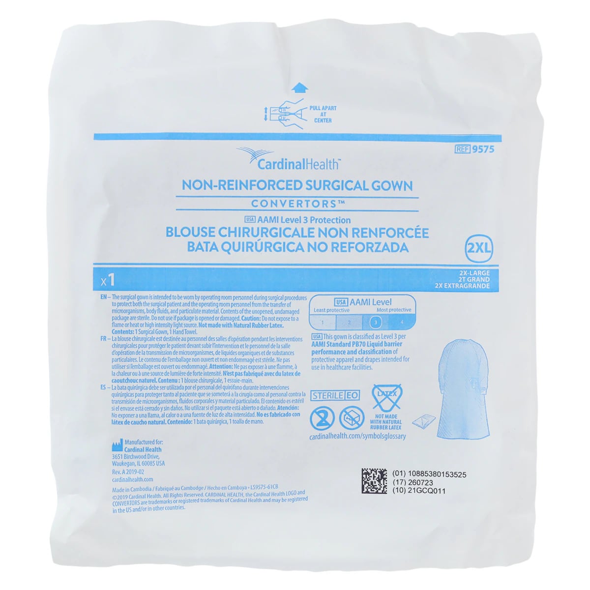 Cardinal Health Disposable Gown, AAMI Level 3, SMS, Sterile, Full Back, 2X-Large, Royal Blue, 18/Case