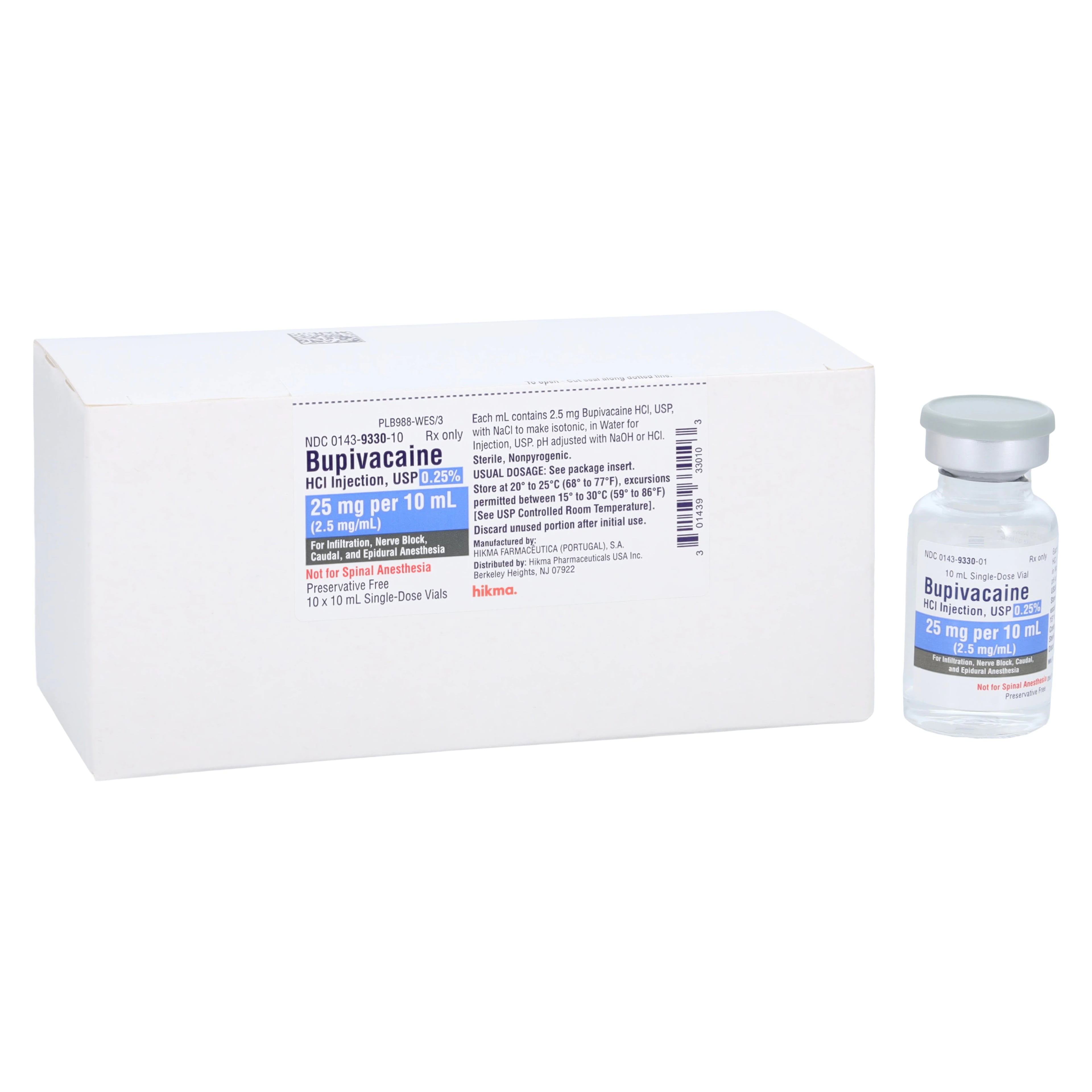 Bupivacaine HCl Injection 0.25% Preservative Free SDV 10mL, 10/Package